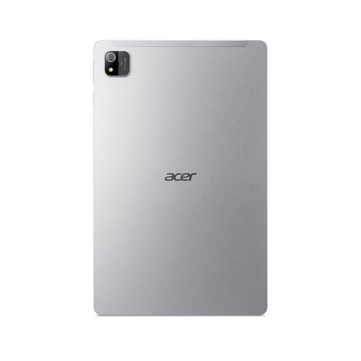 Srebrny tablet z logo 'acer'. Widoczny aparat i obiektyw.