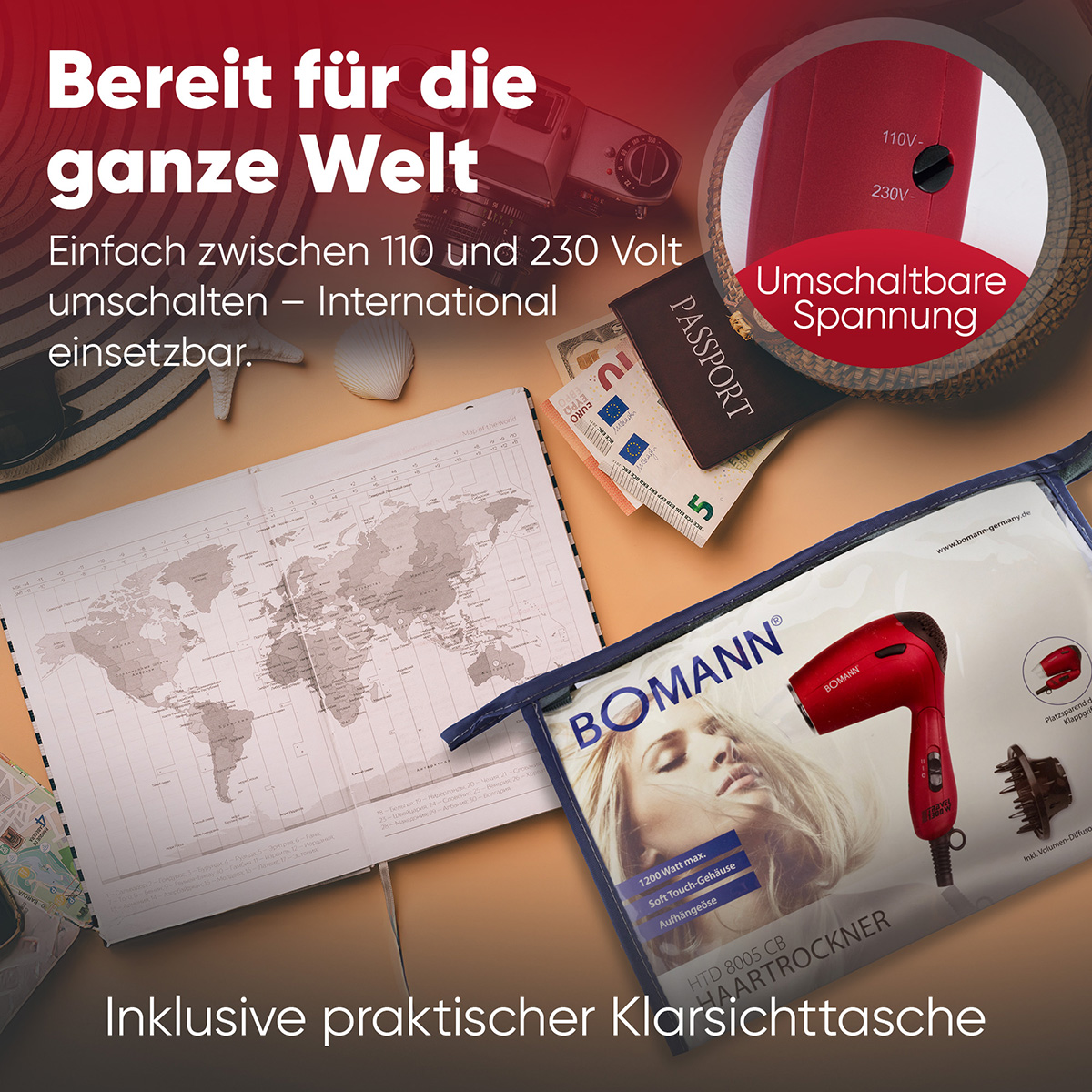Suszarka do włosów i akcesoria na stole. Paszport, pieniądze, mapa świata. Tekst: Gotowy na świat. Marka BOMANN.