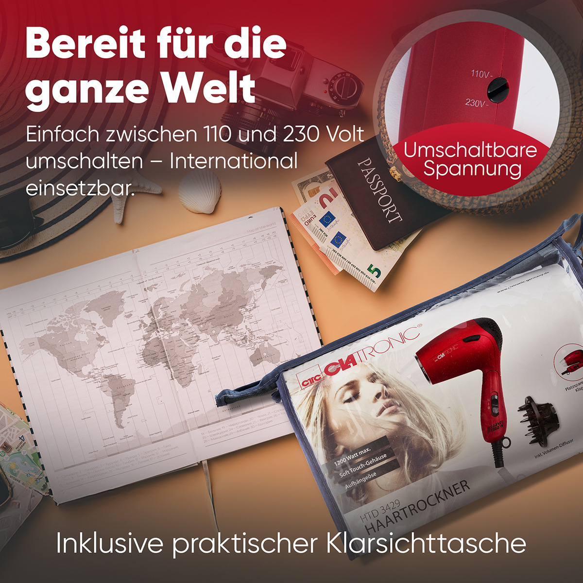 Suszarka do włosów i akcesoria na stole. Paszport, pieniądze, mapa świata. Tekst: Gotowy na świat. Marka.