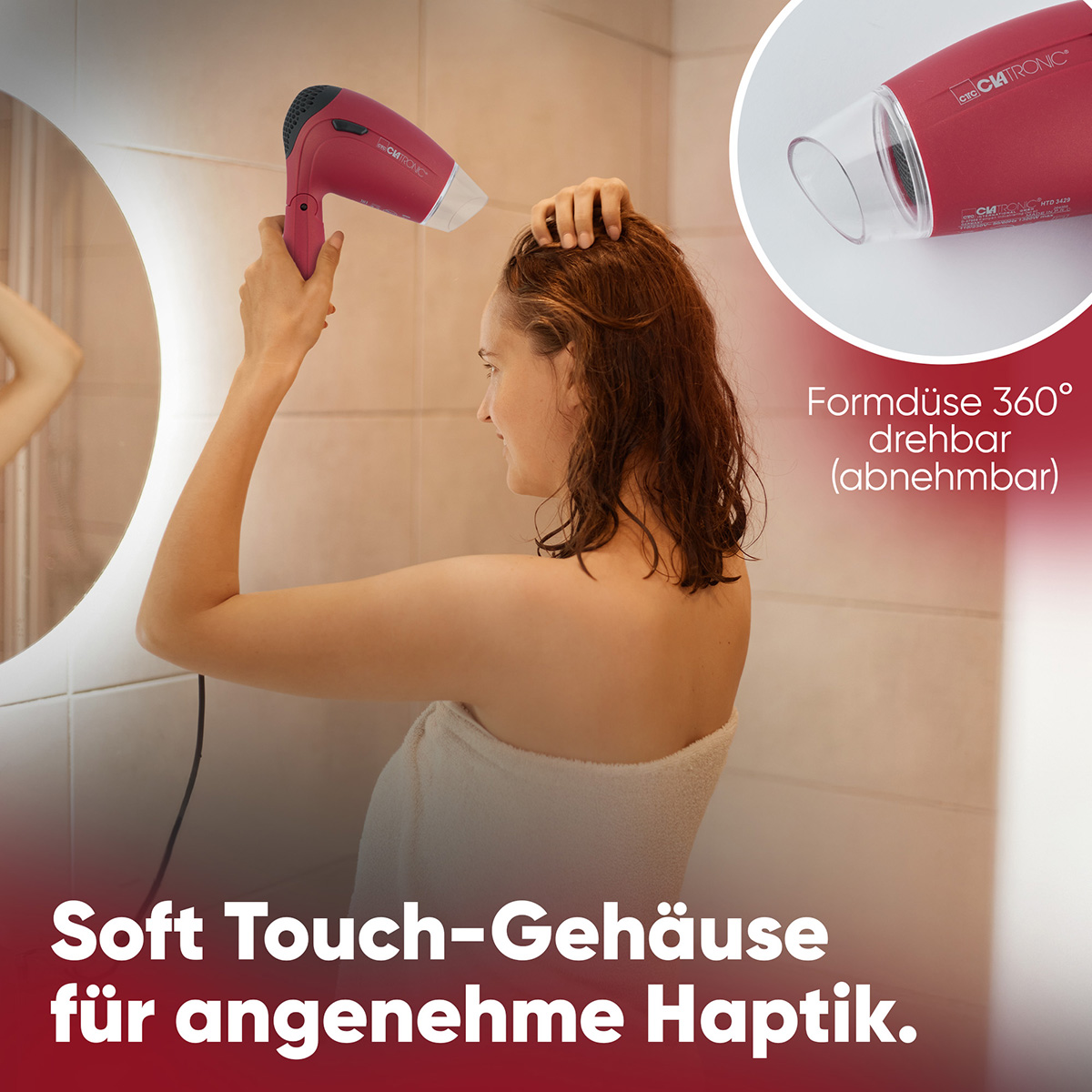 Kobieta używająca czerwonej suszarki do włosów. Tekst: Soft Touch-Gehäuse für angenehme Haptik. Lustro w tle.