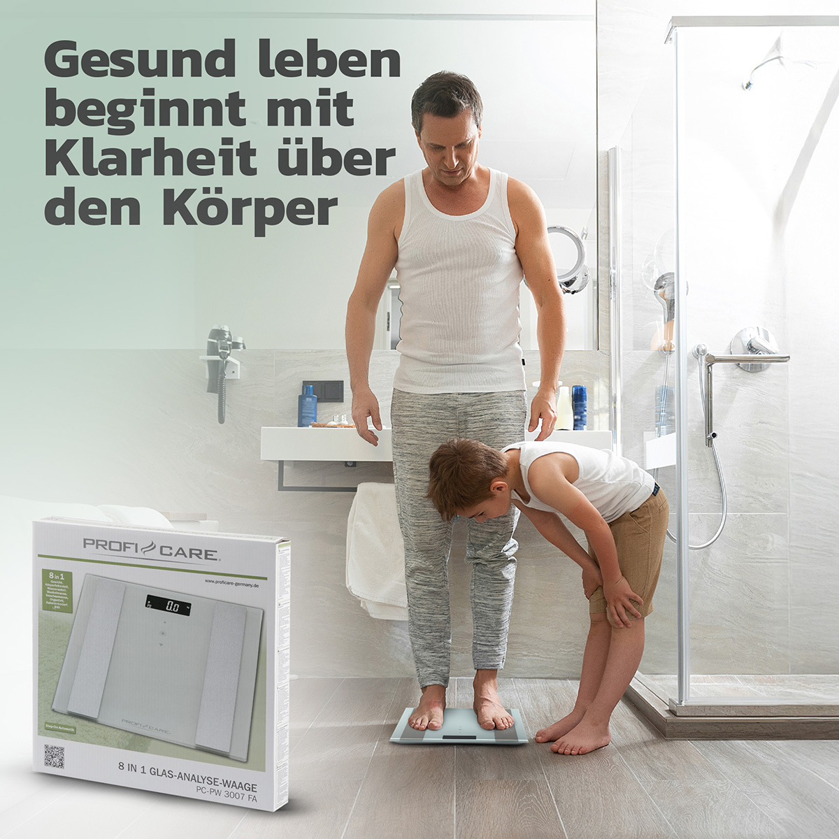 Mężczyzna i chłopiec stoją na wadze w łazience. Pudełko z tekstem znajduje się po lewej stronie obrazu.