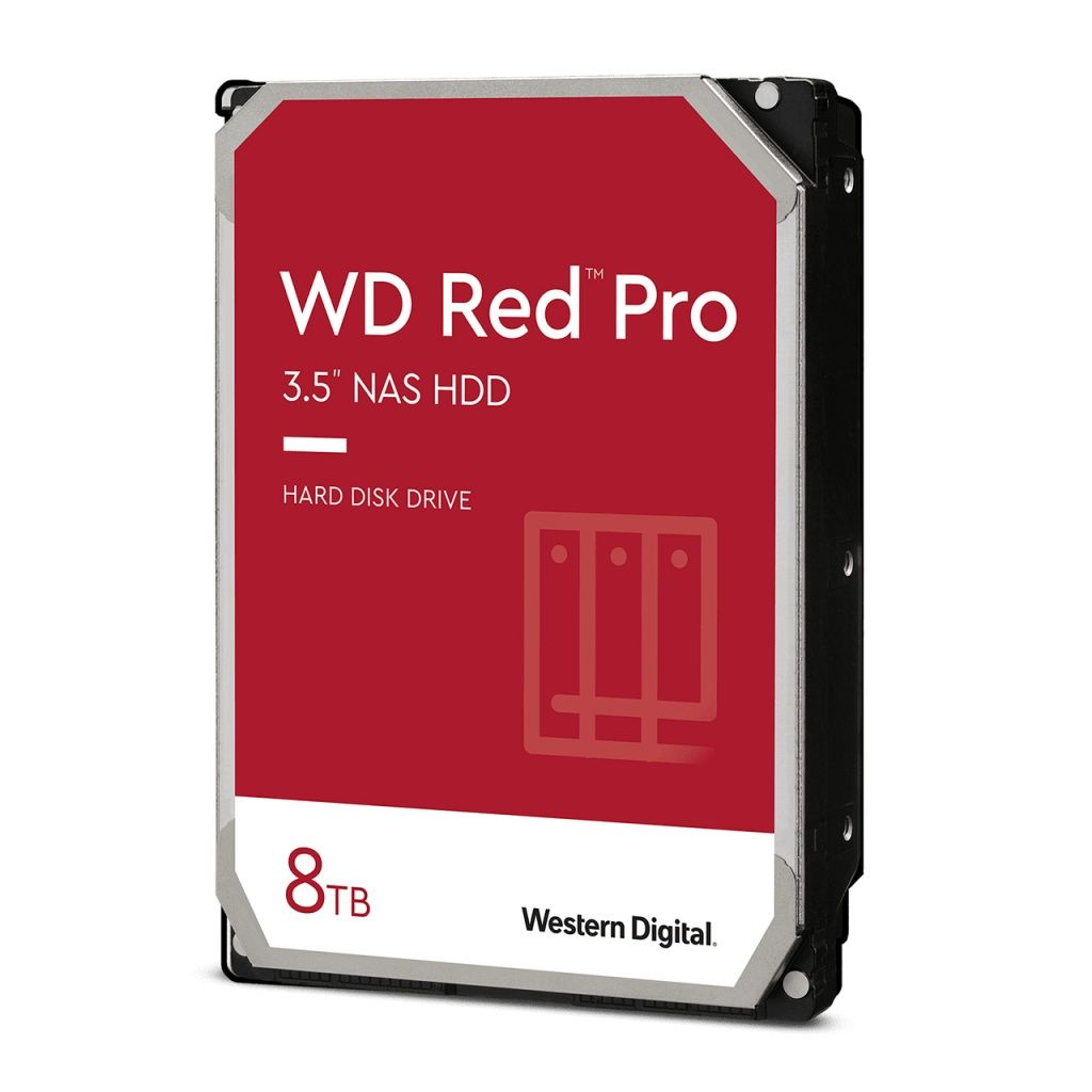 Czerwony i srebrny dysk twardy. Tekst: WD Red Pro 3.5" NAS HDD, 8TB, Dysk twardy. Marka Western Digital.