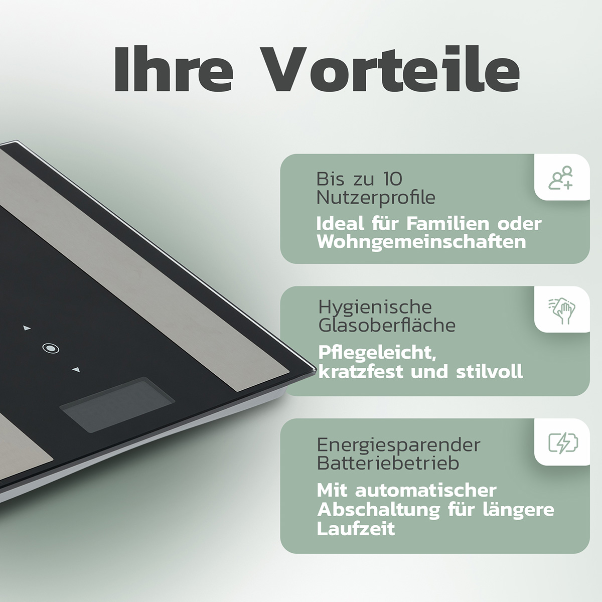 Waga cyfrowa w czarno-srebrnym designie. Tekst podkreśla korzyści dla użytkownika, w tym wiele profili i higieniczną szklaną powierzchnię.