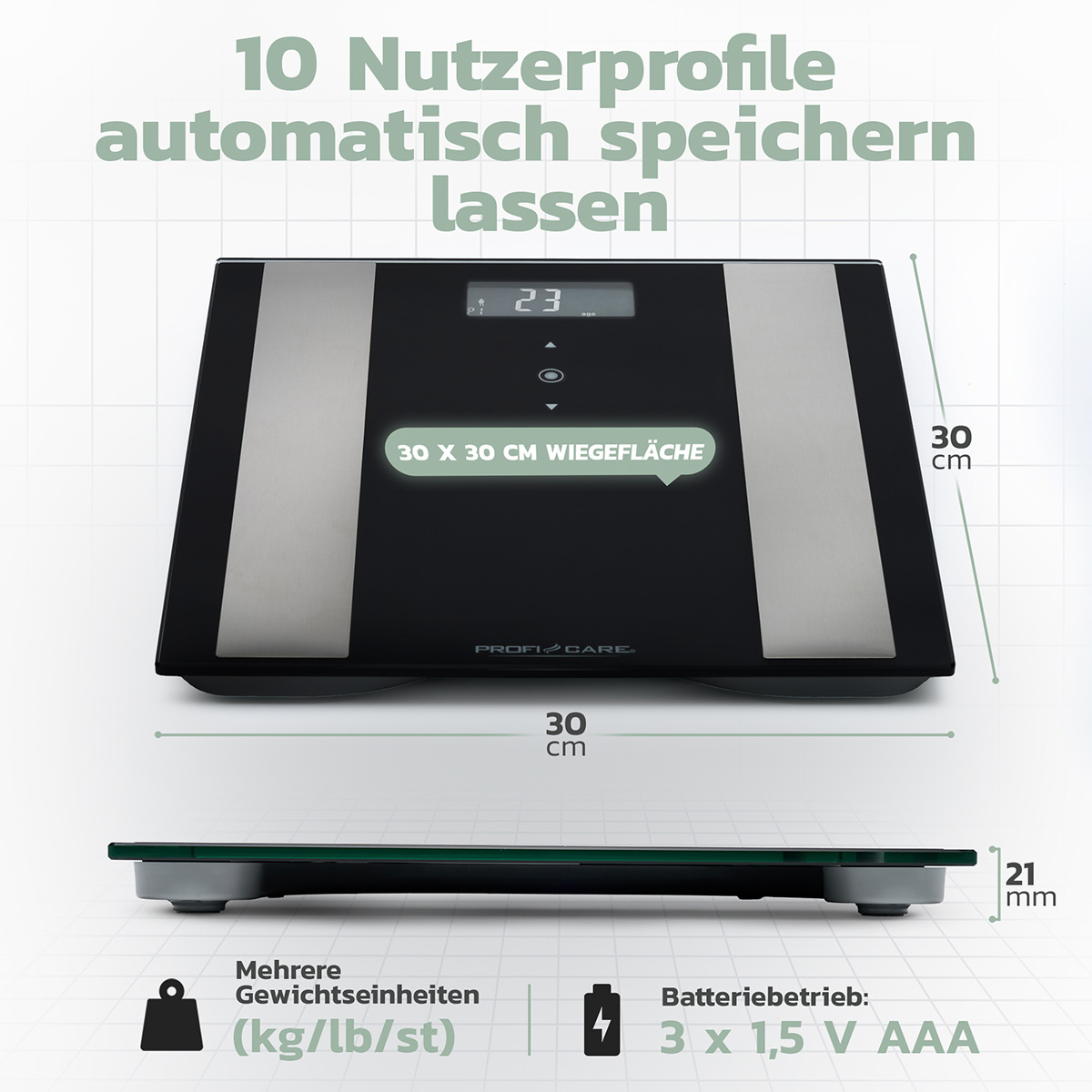 Szczegóły wagi cyfrowej: 10 profili użytkownika, 30x30 cm, zasilanie bateryjne, wiele jednostek wagi. Tekst: 10 profili użytkownika.