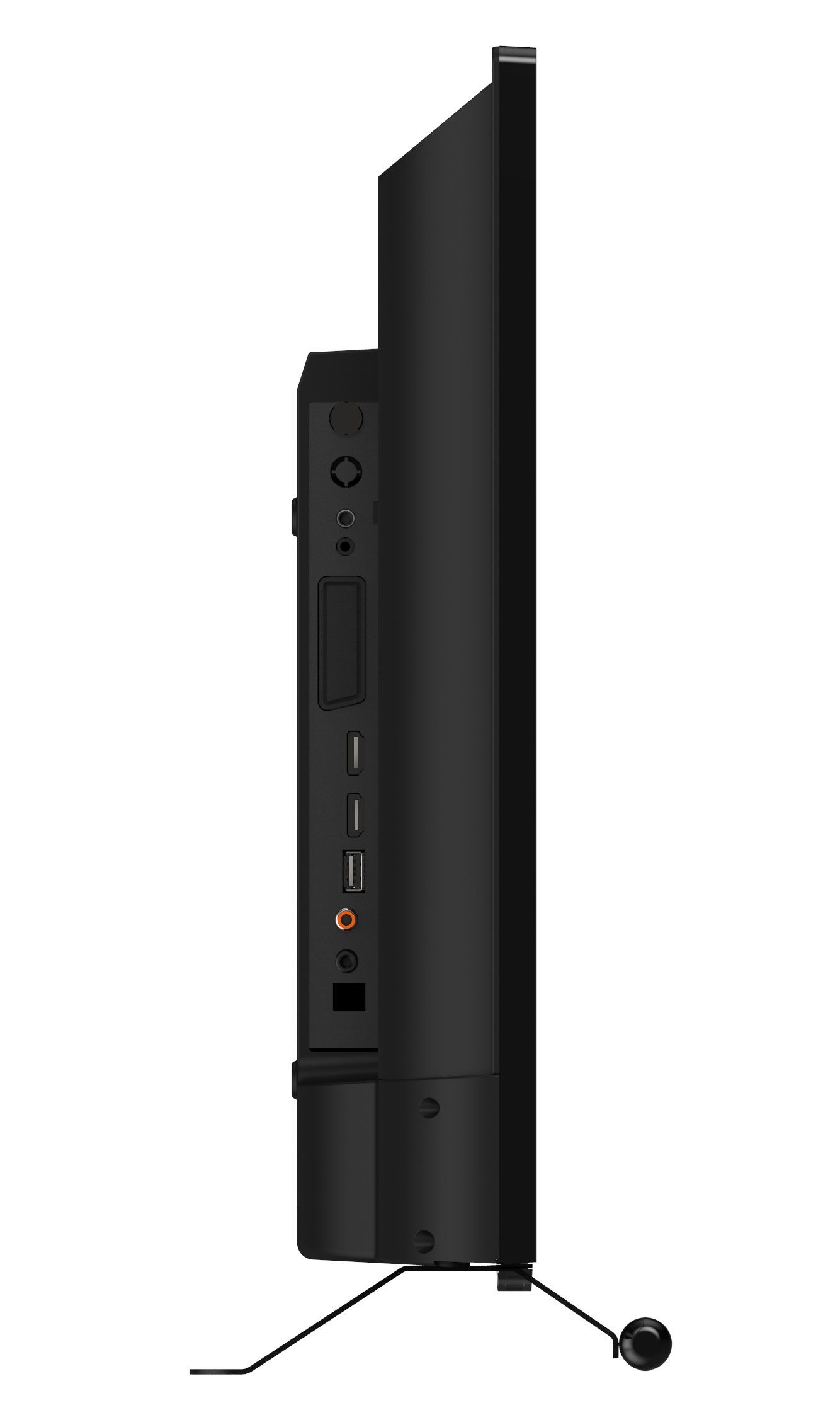 Vista laterale di un TV INNO-HIT nero che mostra porte e connessioni. È sostenuto da un supporto.