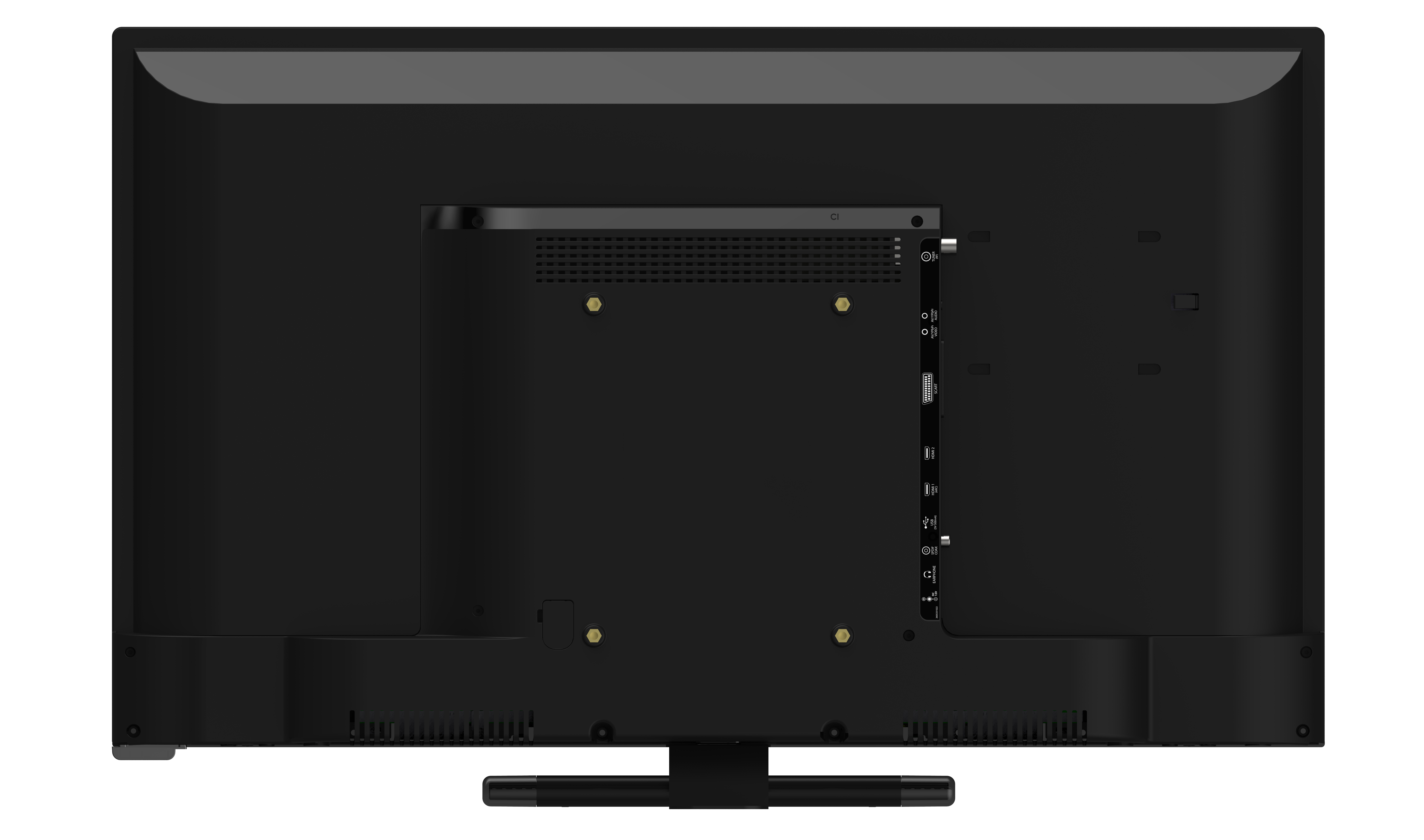Retro di un televisore INNO-HIT nero che mostra porte e connessioni. Il supporto è visibile in basso.