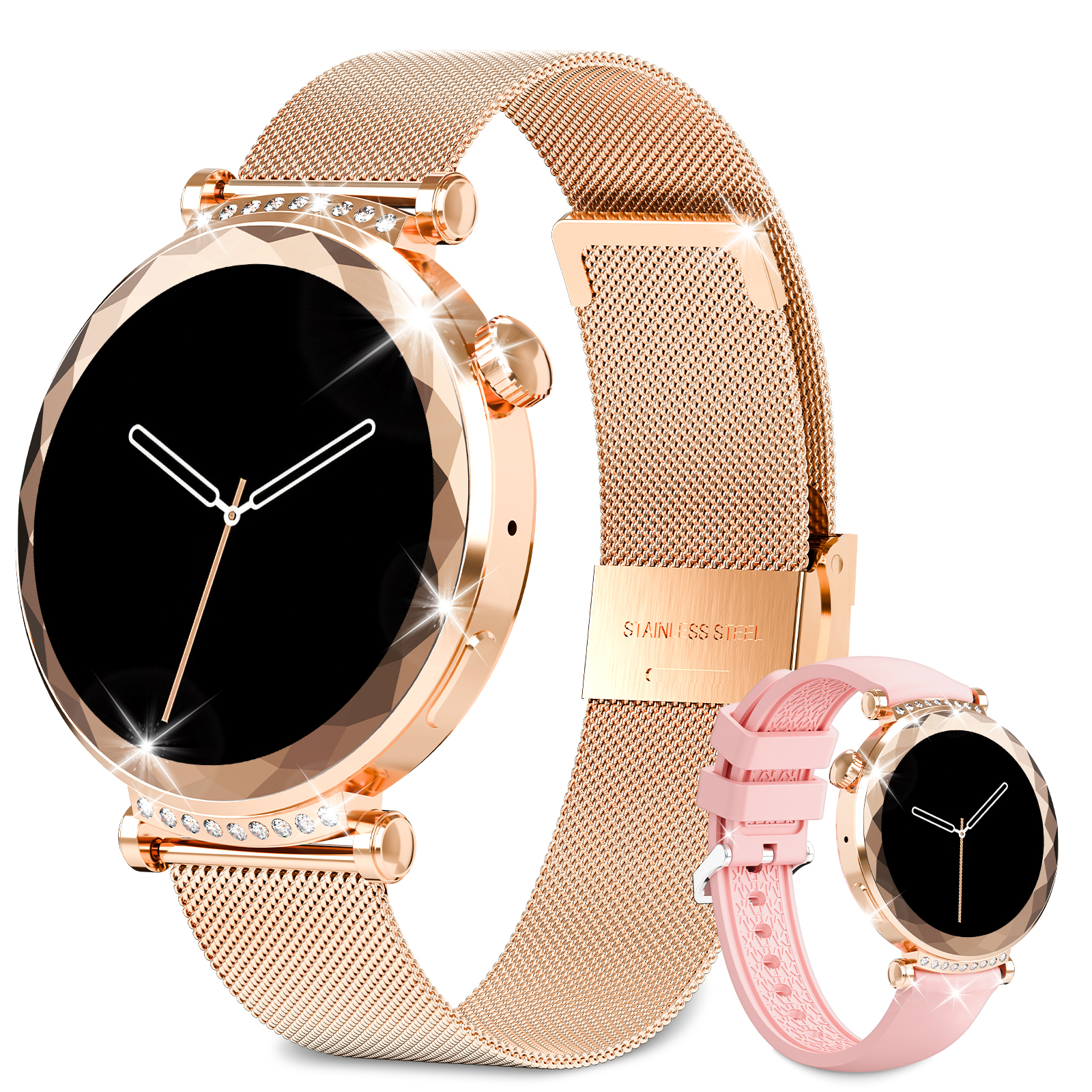 Roségoldene Smartwatches mit Mesh-Armbändern und einer rosa Silikonarmbanduhr. Schwarze Bildschirme zeigen die Zeit. Diamanten um die Lünetten.