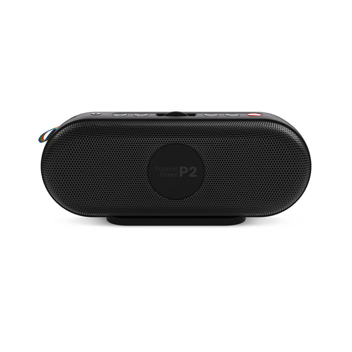 Czarny głośnik Polaroid P2, owalny kształt, z przyciskami na górze i czerwonym przyciskiem zasilania.