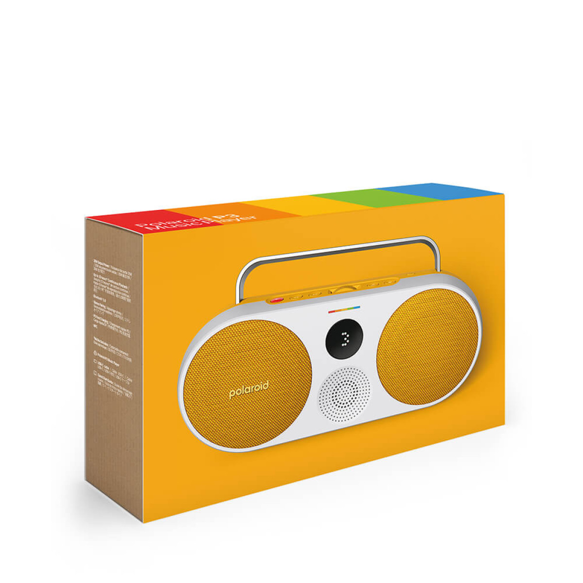 Ein weißer und gelber Polaroid-Lautsprecher befindet sich in einer Box mit Regenbogenstreifen.