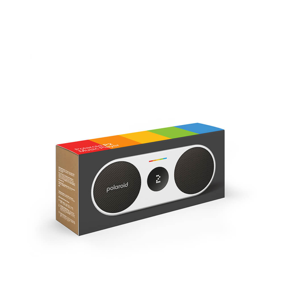 Polaroid-Lautsprecher in einer Box mit Regenbogenstreifen. Der Lautsprecher ist weiß mit schwarzen Abdeckungen.