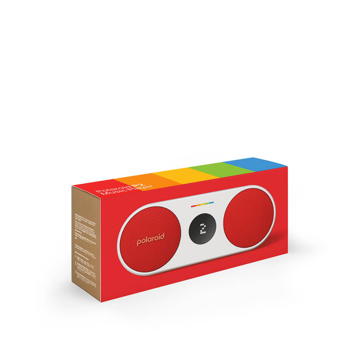 Roter Polaroid-Lautsprecher in einer Box mit Regenbogenstreifen. Weiße Lautsprecherabdeckungen sichtbar.