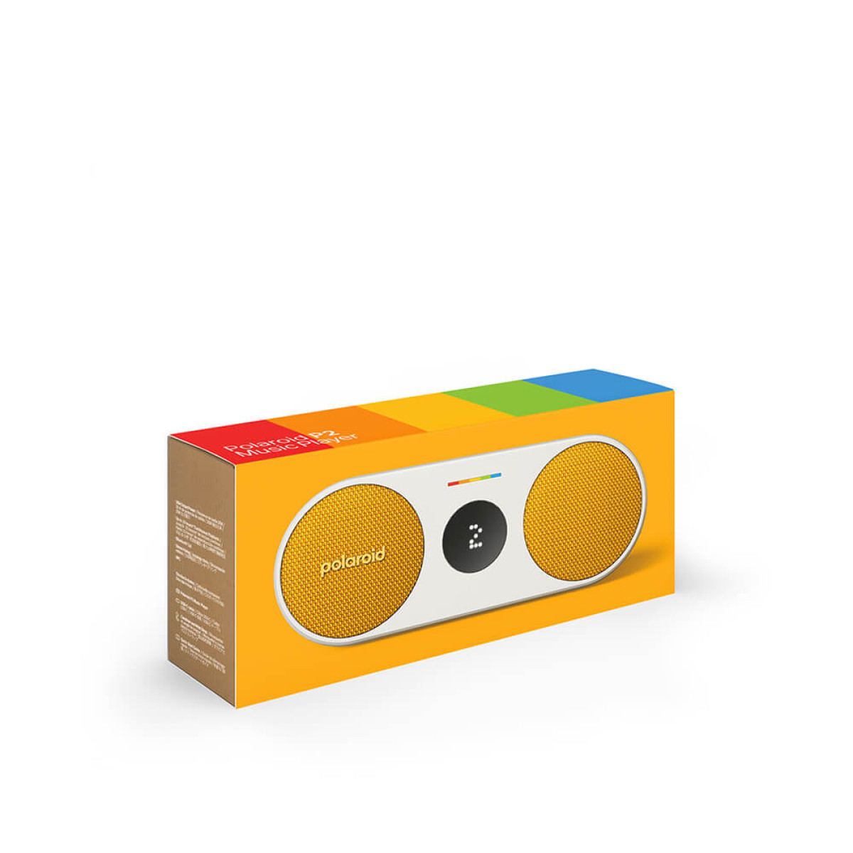 Ein gelber und weißer Lautsprecher befindet sich in einer Box. Die Box hat einen Regenbogenstreifen oben.
