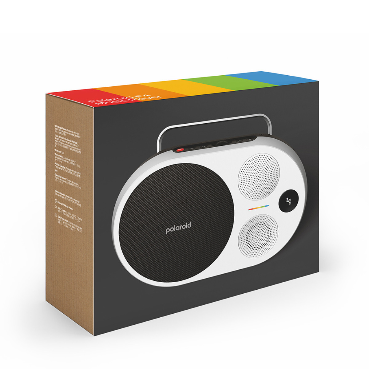 Polaroid-Musikplayer in einer Box. Die Box ist braun und schwarz mit einem Regenbogenstreifen. Der Player ist weiß mit schwarzem Lautsprecher.