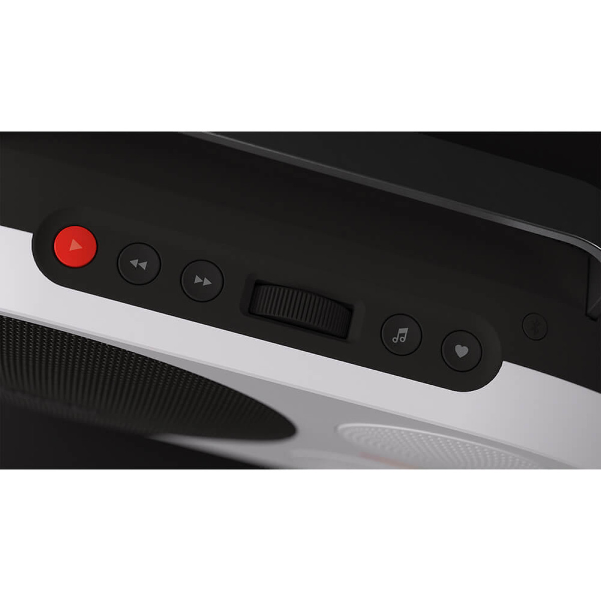 Zbliżenie elementów sterowania urządzenia audio: odtwarzanie, pomijanie, pokrętło głośności, nuta muzyczna i ikona serca.