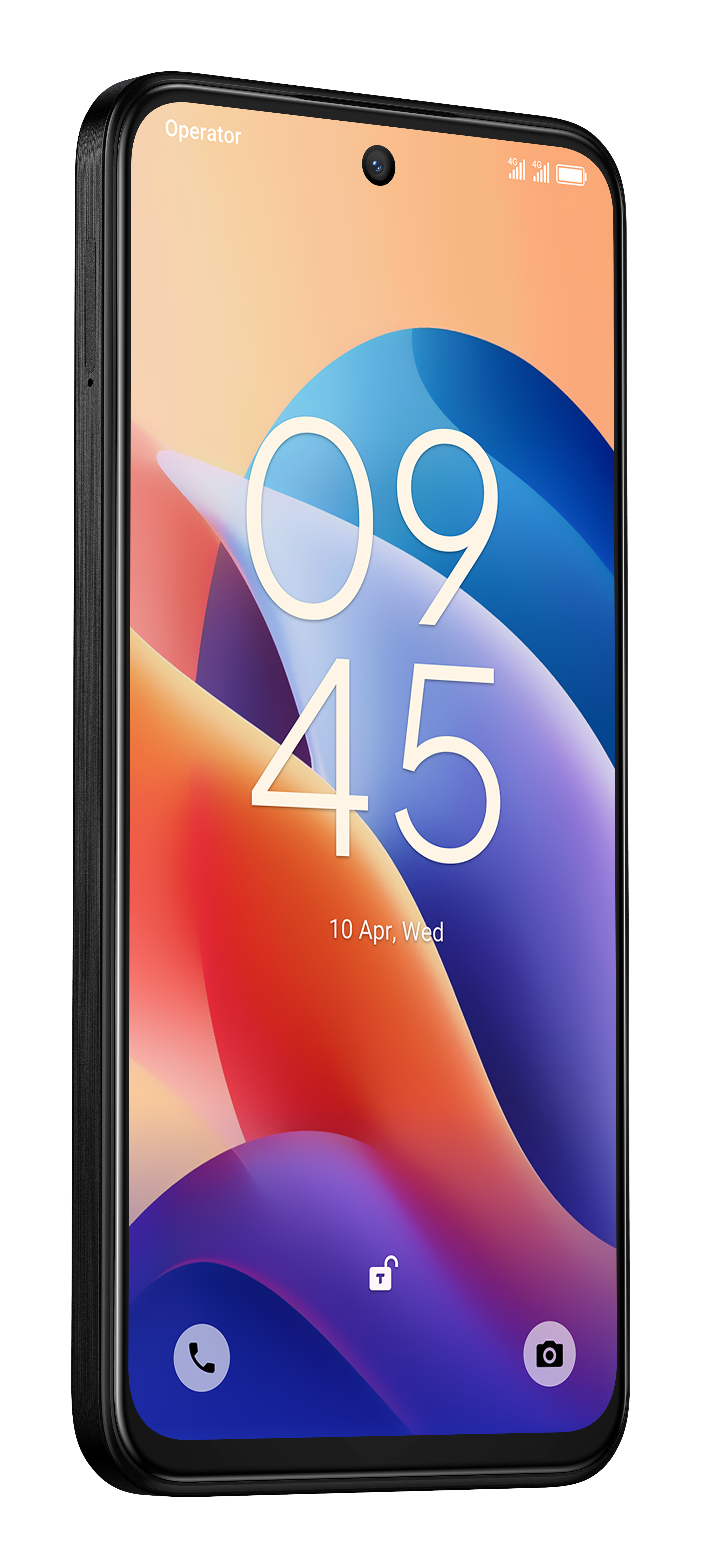 Czarny telefon wyświetlający godzinę i datę oraz kolorową tapetę z ikonami.