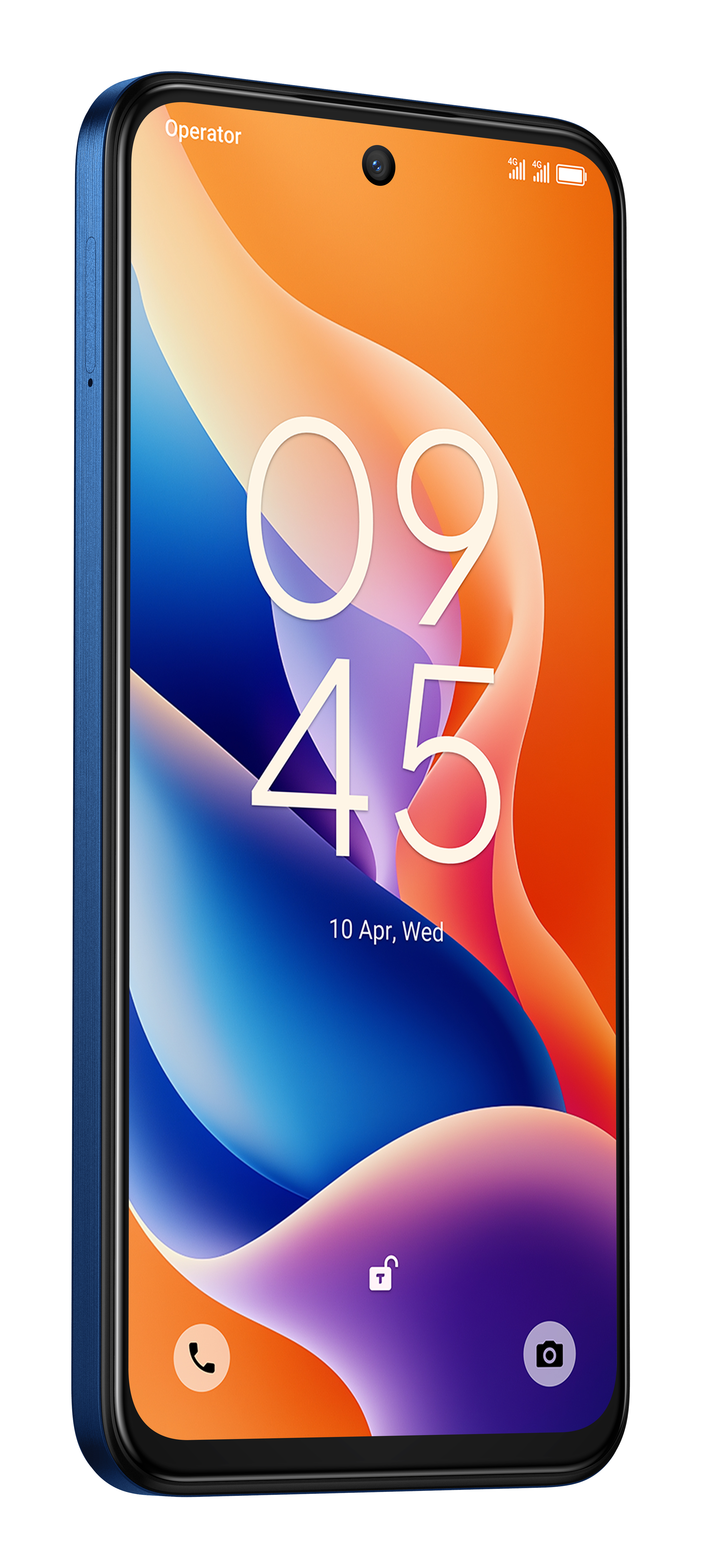 Niebieski telefon wyświetlający godzinę i datę oraz kolorową tapetę z ikonami.