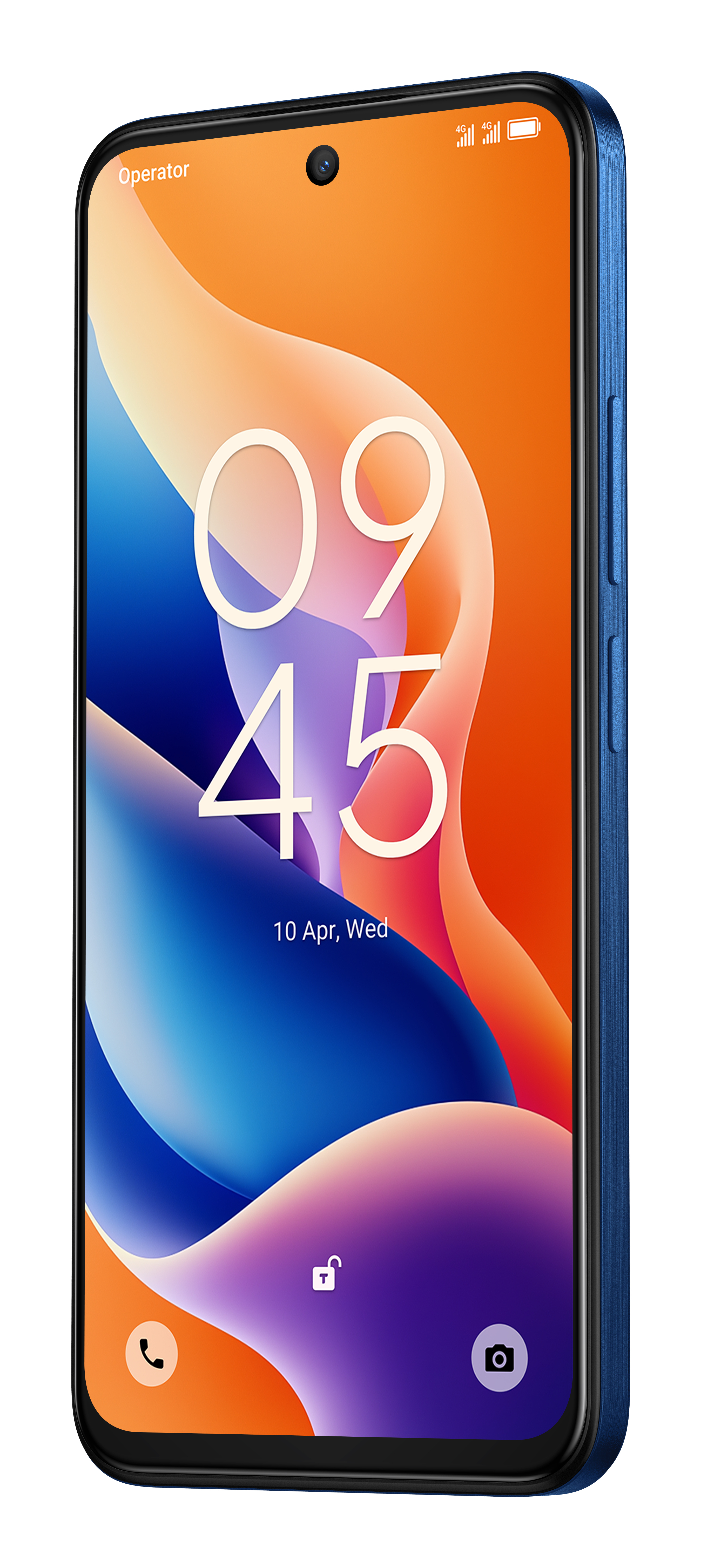 Niebieski telefon wyświetlający godzinę i datę oraz kolorową tapetę z ikonami.