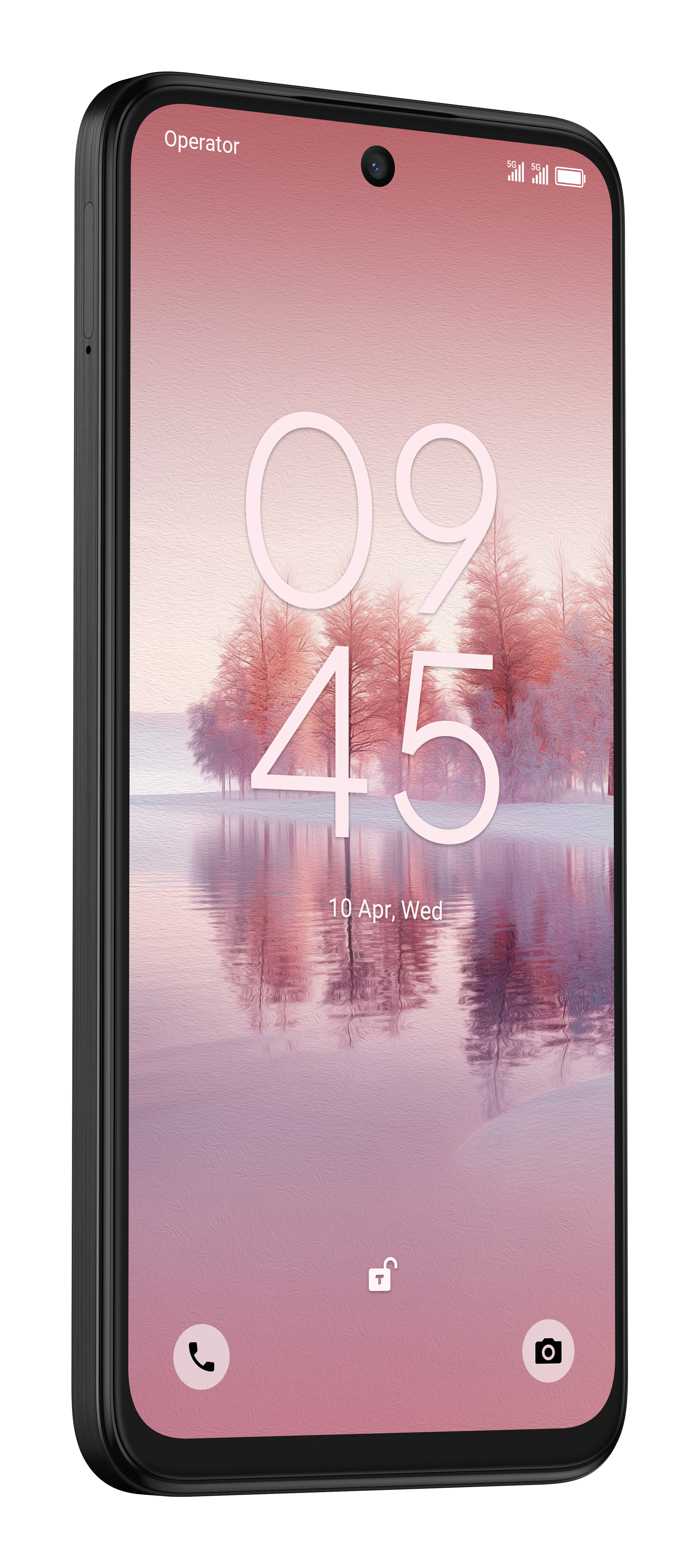 Czarny smartfon z różowym krajobrazem na ekranie pokazującym godzinę 09:45. Scena to jezioro i drzewa.