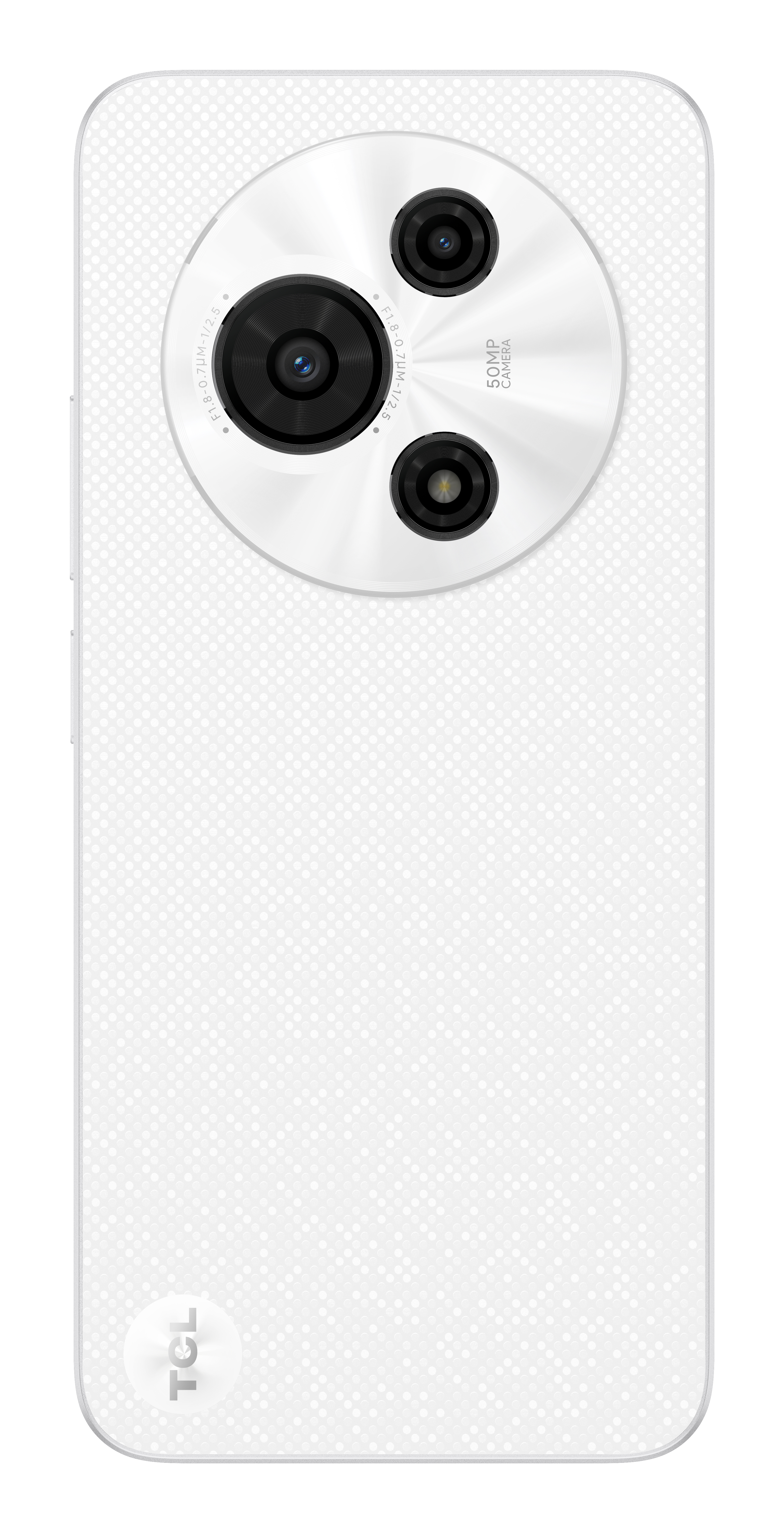 Biały tył smartfona z trzema aparatami w okręgu. Tył ma mały wzór w kropki i logo TCL.