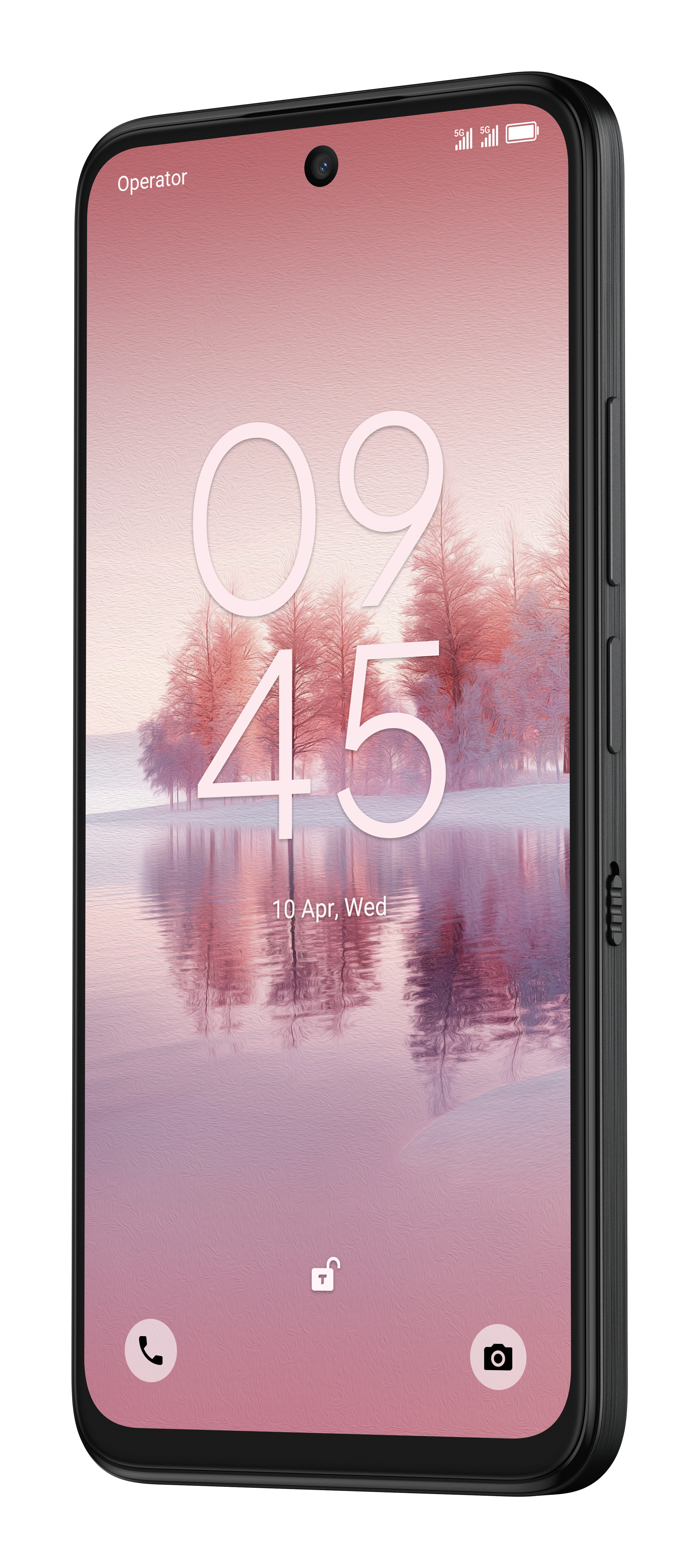 Czarny smartfon wyświetla 09:45 z różowym krajobrazem na ekranie. Scena przedstawia jezioro i drzewa.