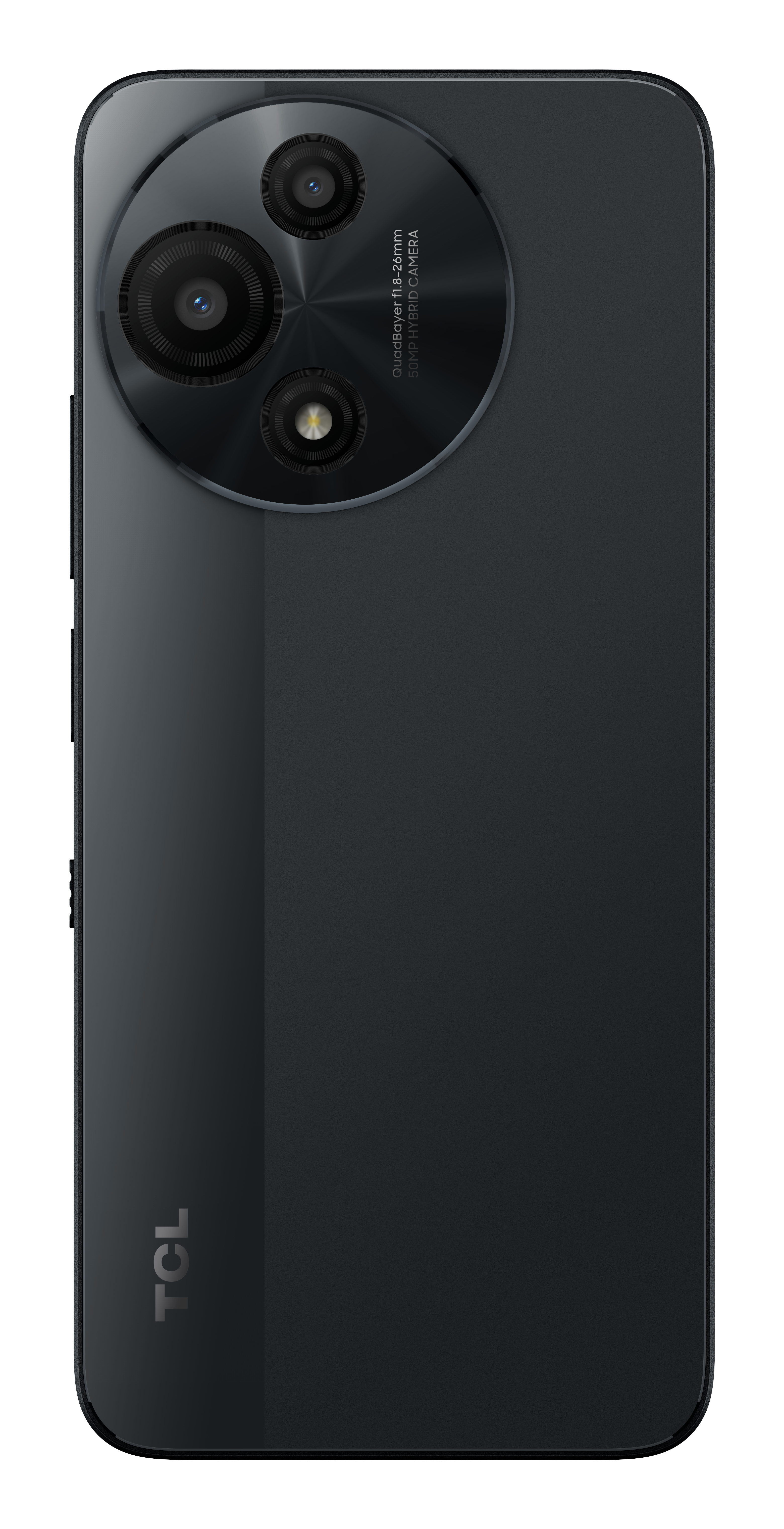 Tył czarnego smartfona z trzema aparatami w okręgu. Ma błyszczące wykończenie i logo TCL.