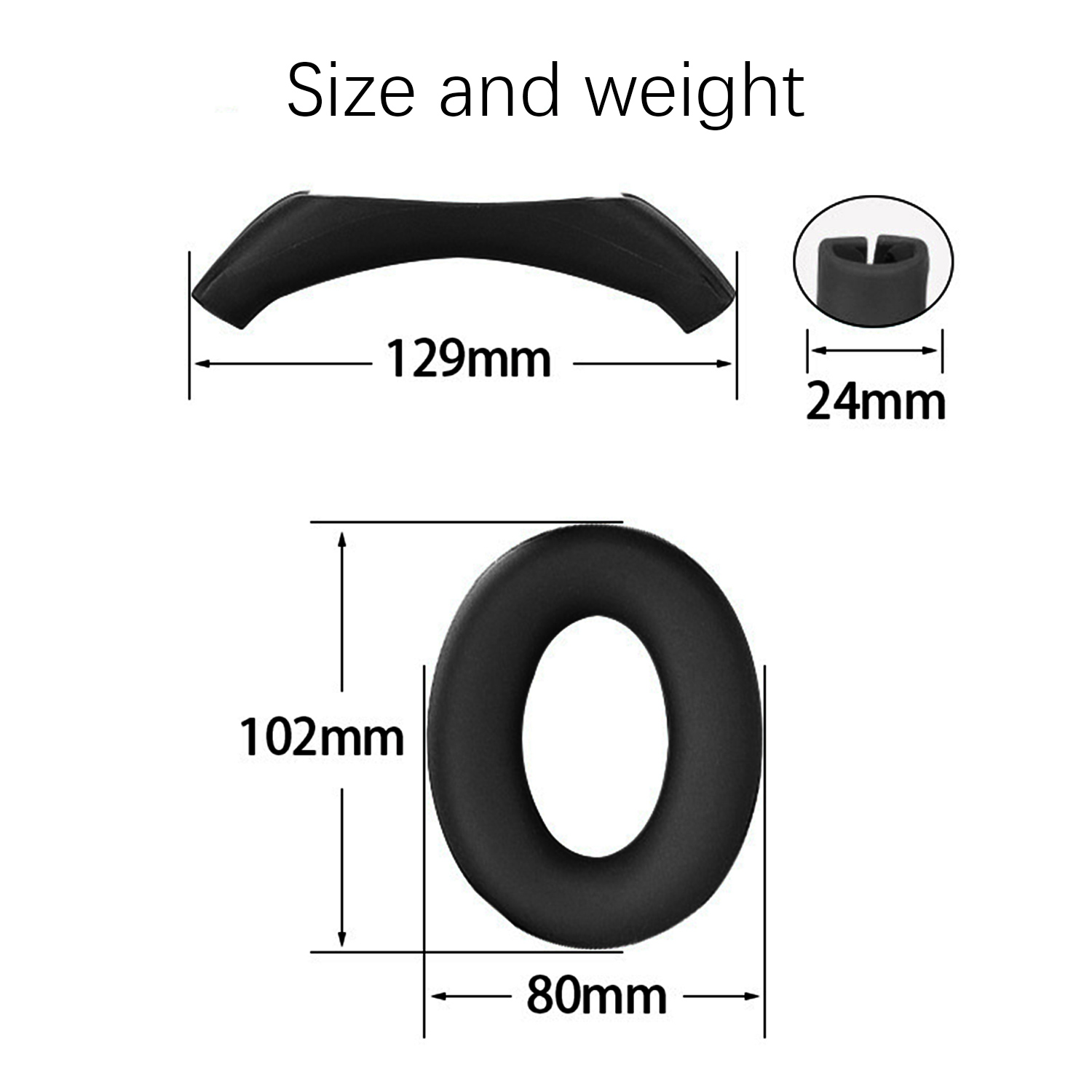 Cuscinetti neri per cuffie con dimensioni. Un piccolo pezzo è di 24 mm. Il pezzo più grande è di 129 mm.