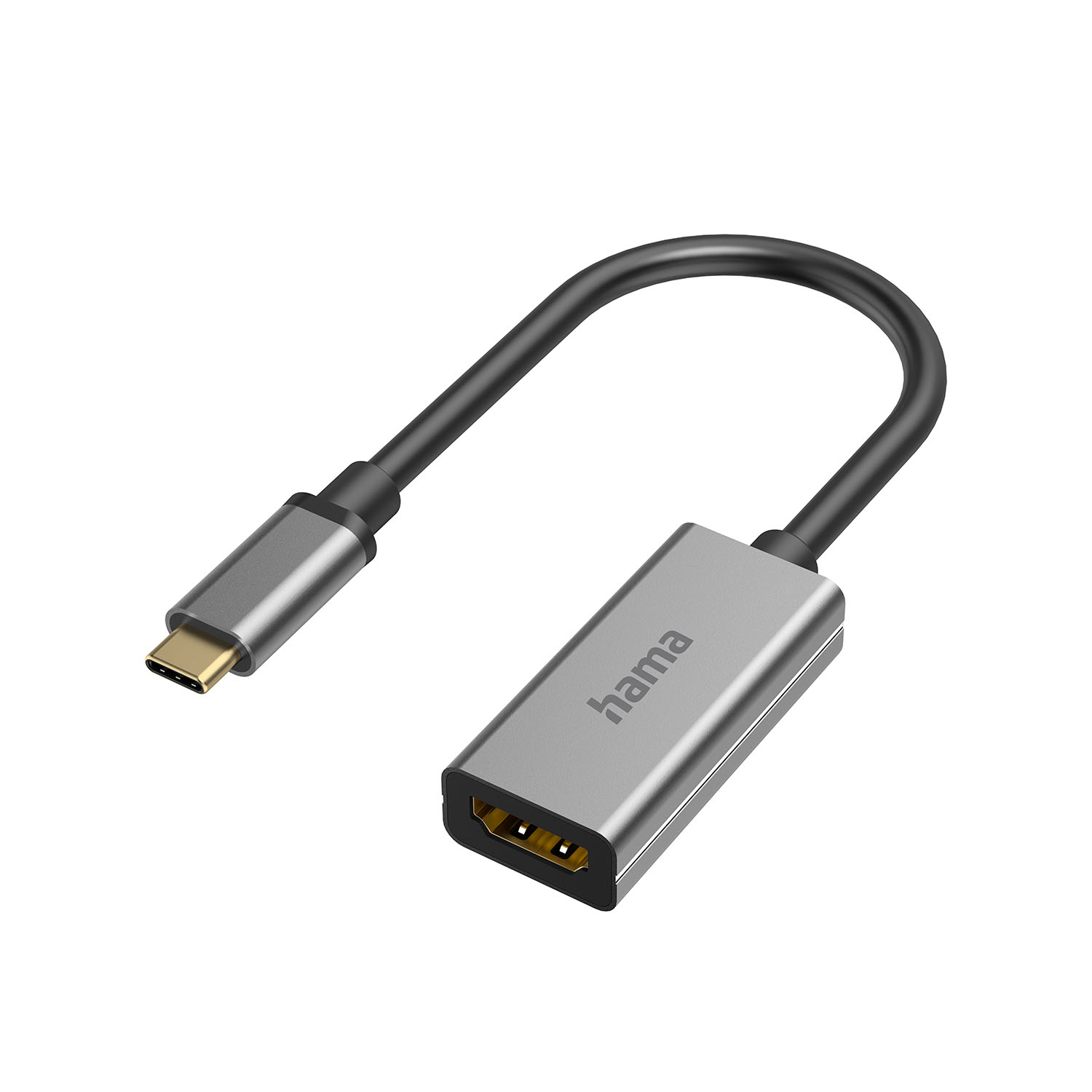 Szary kabel adaptera USB-C do HDMI. Widoczne logo 'hama'. Kabel jest czarny.