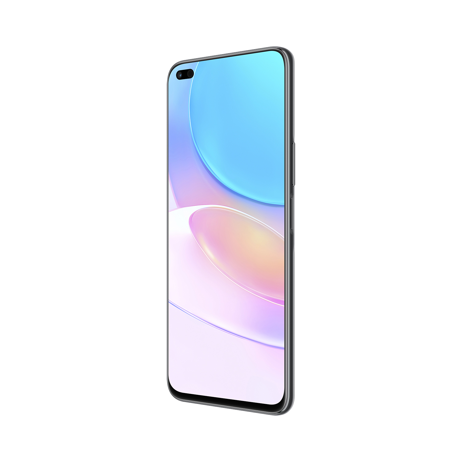 Ein Smartphone mit einem blau-rosa Farbverlauf auf dem Bildschirm. Es hat einen gebogenen Rand und einen schwarzen Rahmen. Das Telefon ist abgewinkelt.