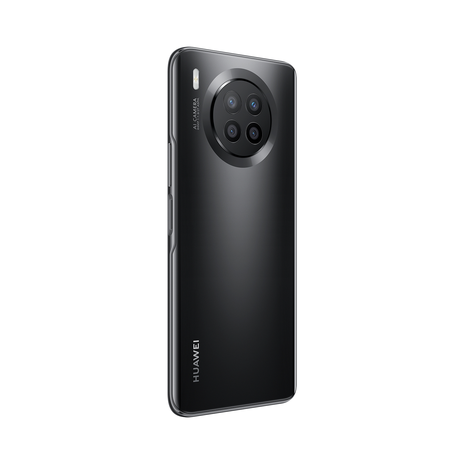Rückansicht eines schwarzen Smartphones mit kreisförmiger Kameraanordnung und Huawei-Logo.