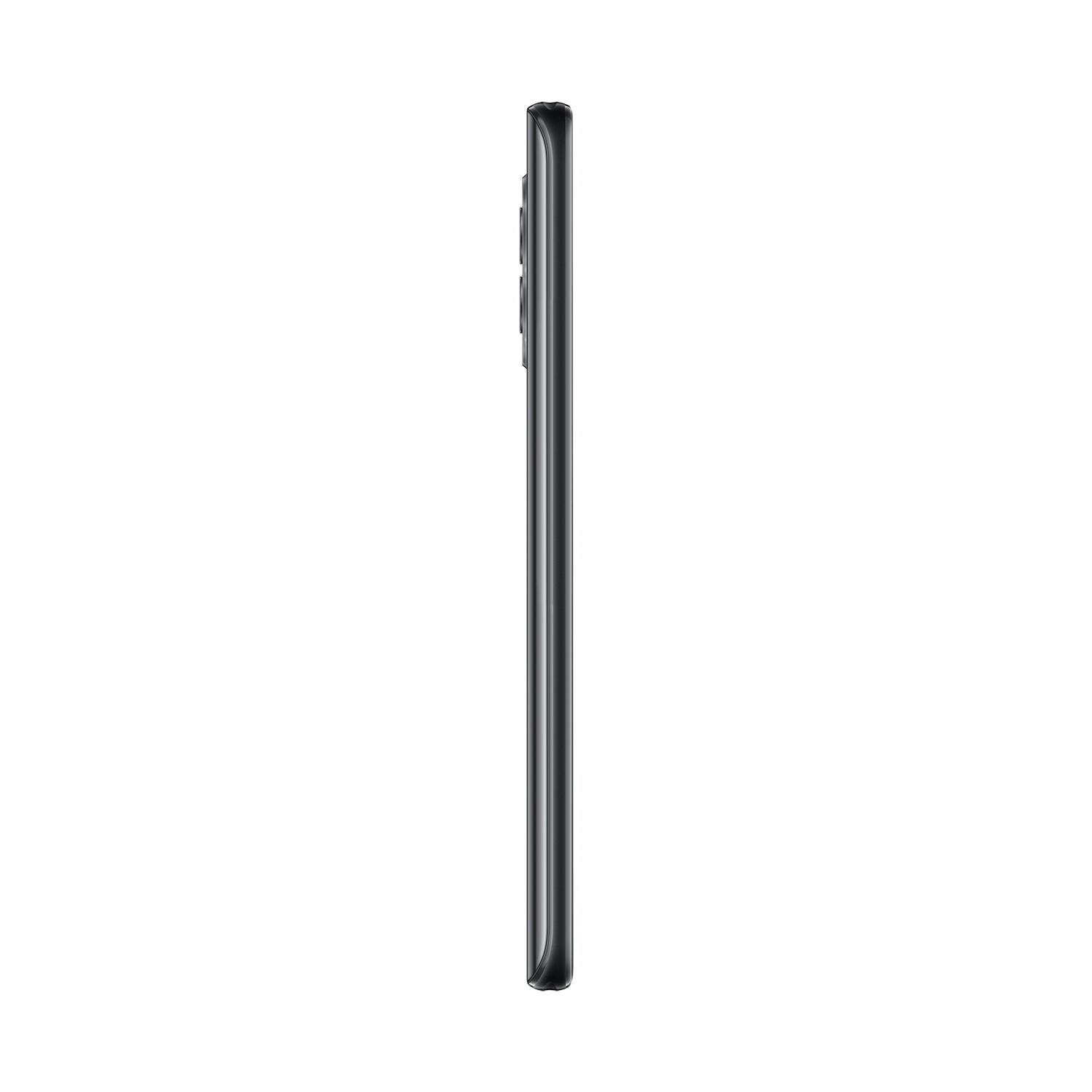 Eine Seitenansicht eines schwarzen Smartphones. Es hat eine schlanke, rechteckige Form mit einer Ein-/Aus-Taste und Lautstärkereglern.