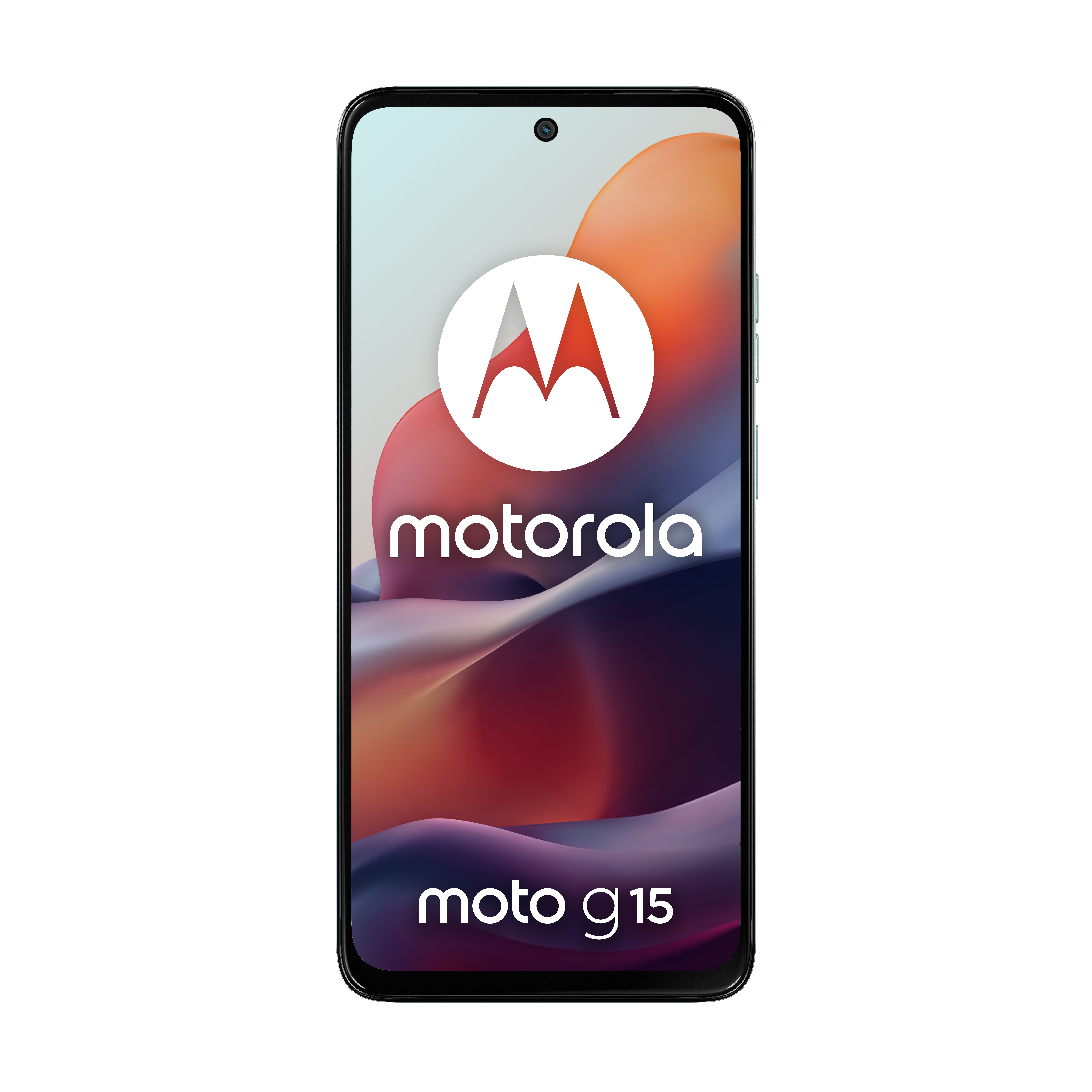 Smartfon z białym logo Motorola na gradientowym tle, z napisem 'moto g15' poniżej.