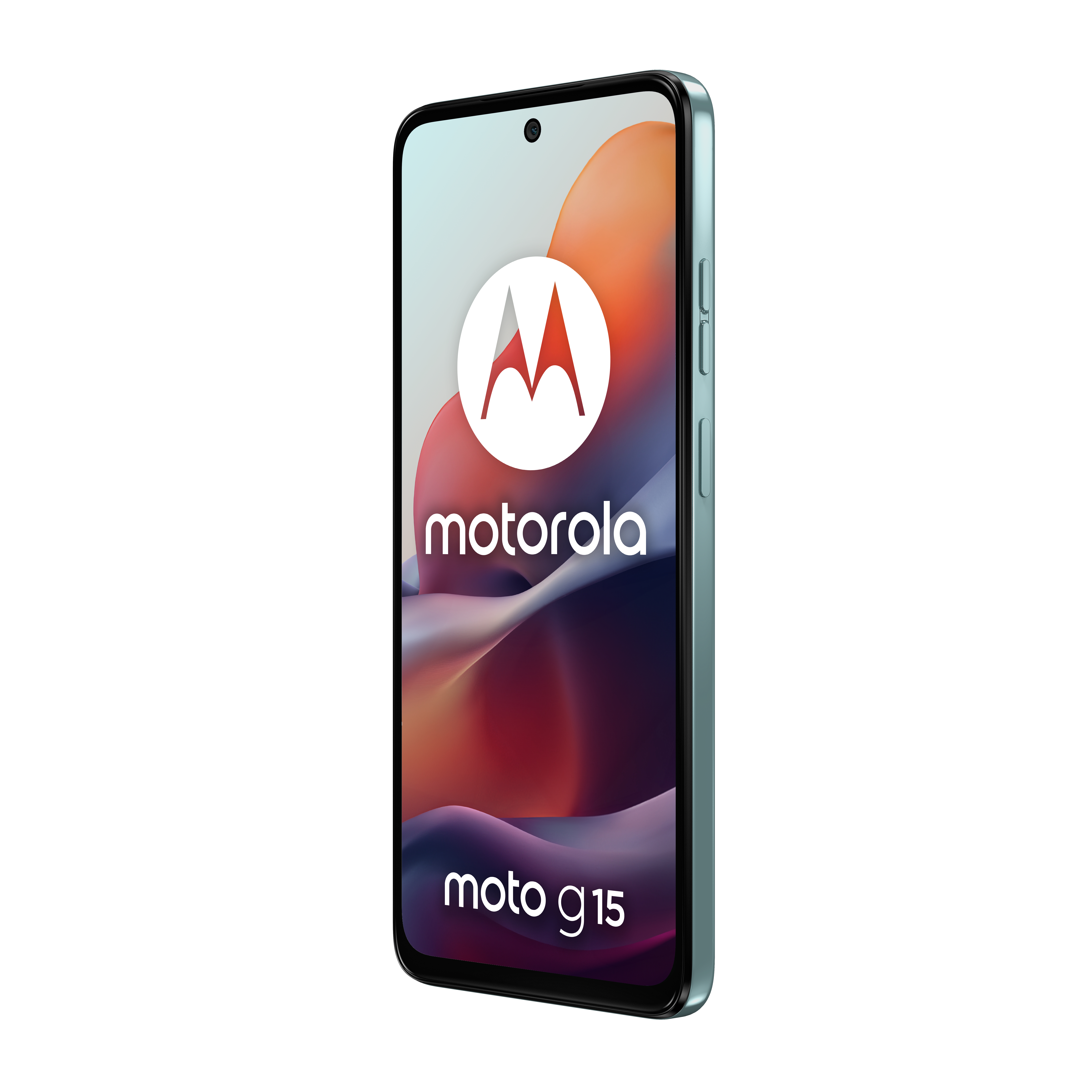 Smartfon Motorola Moto G15, widok z boku, z kolorowym tłem.
