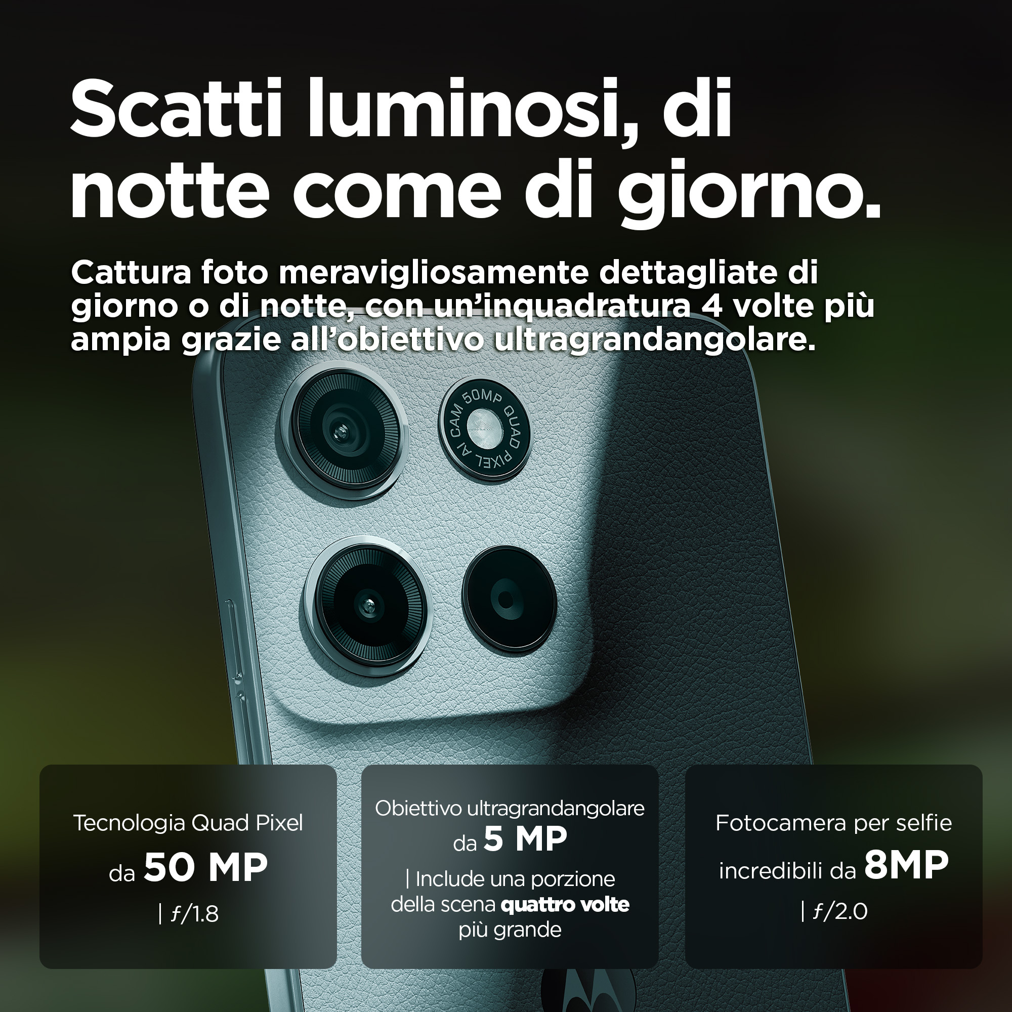 Zbliżenie telefonu z wieloma aparatami. Tekst mówi '50 MP', '5 MP' i '8 MP'. Telefon jest szary.