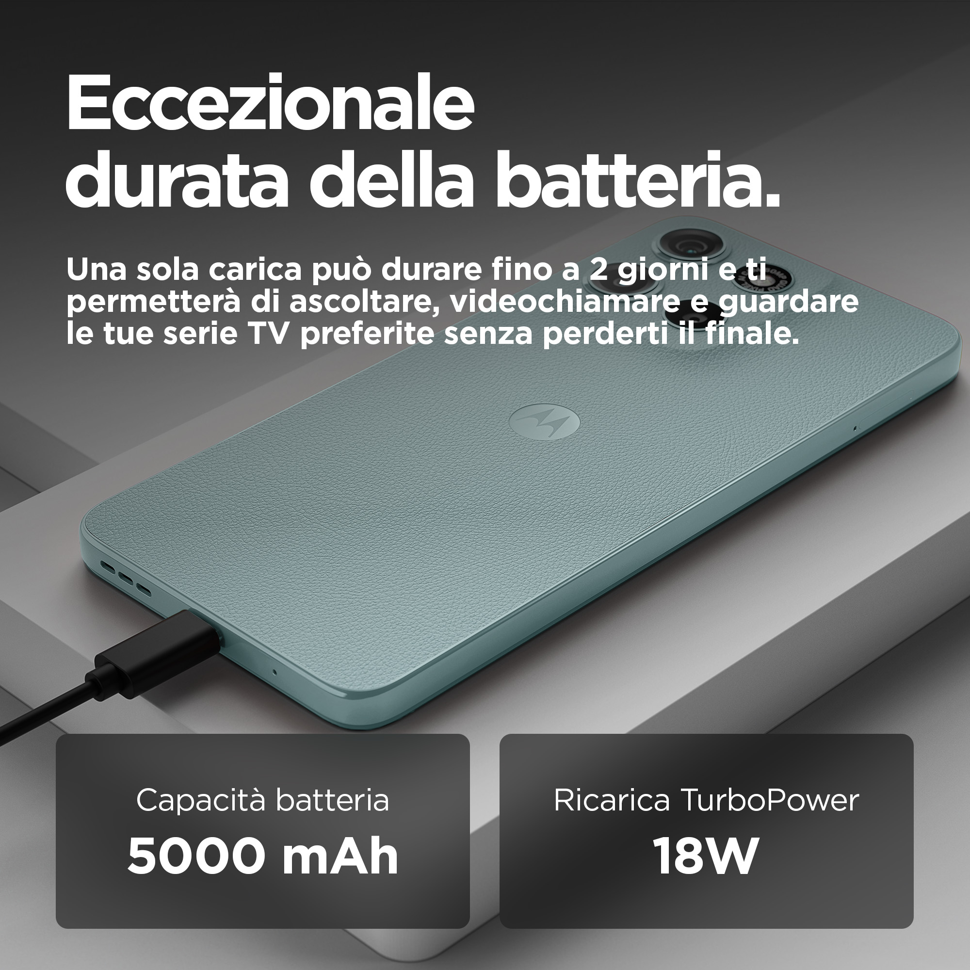 Telefon z tekstem o żywotności baterii i ładowaniu. Pokazuje kabel do ładowania.