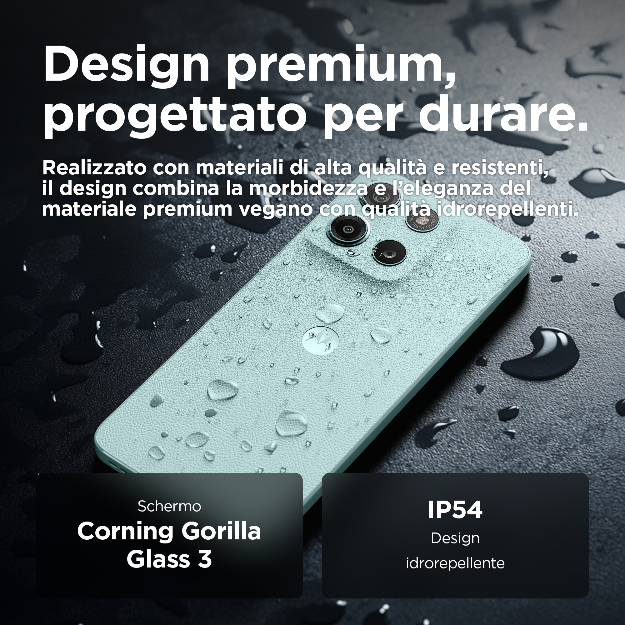 Telefon z jasnoniebieskim tyłem z kroplami wody. Tekst wyświetla 'Corning Gorilla Glass 3' i 'IP54'.