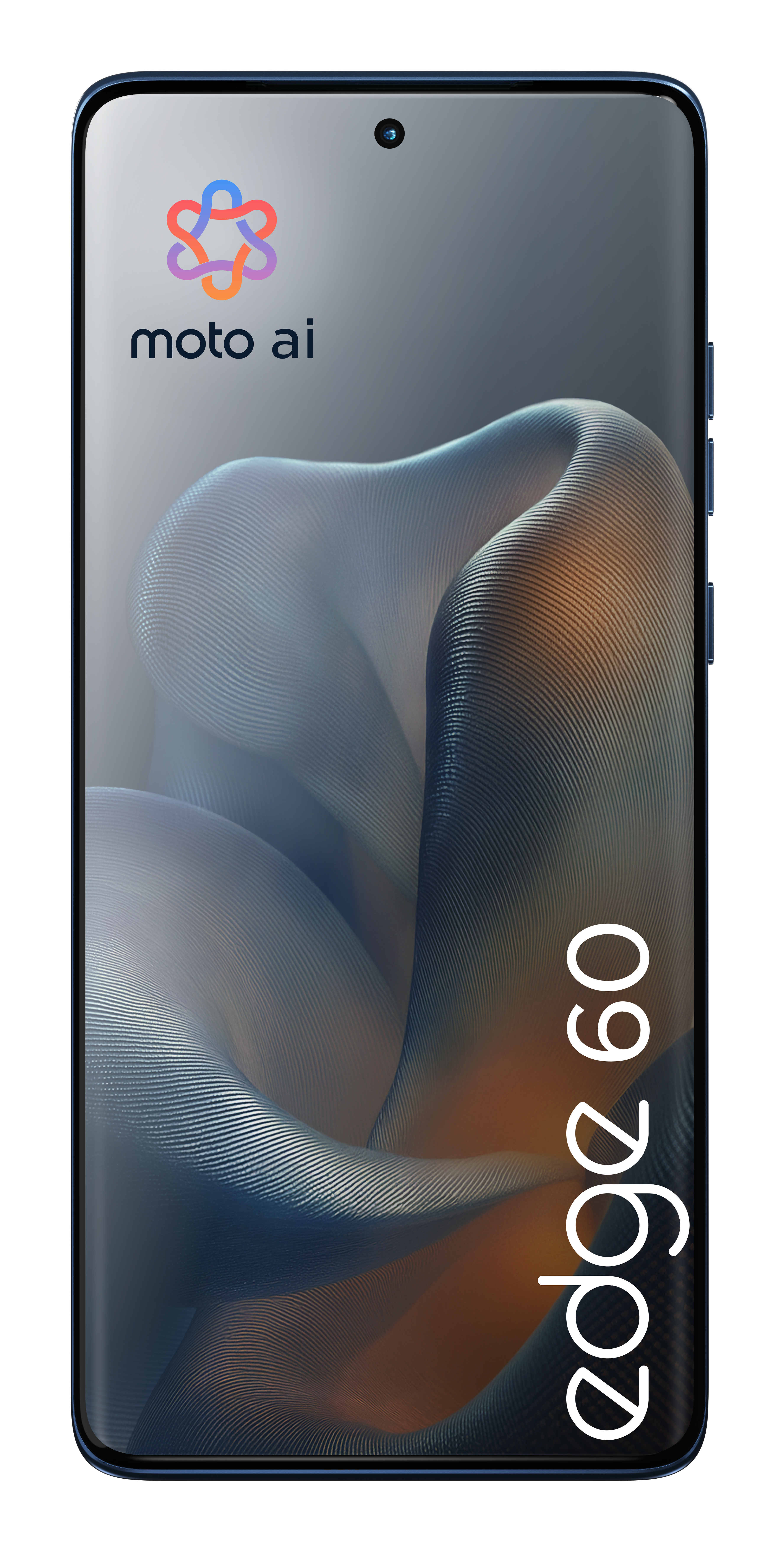 Niebieski telefon z logo 'moto ai' na ekranie. Tekst 'edge 60' jest napisany pionowo z boku.