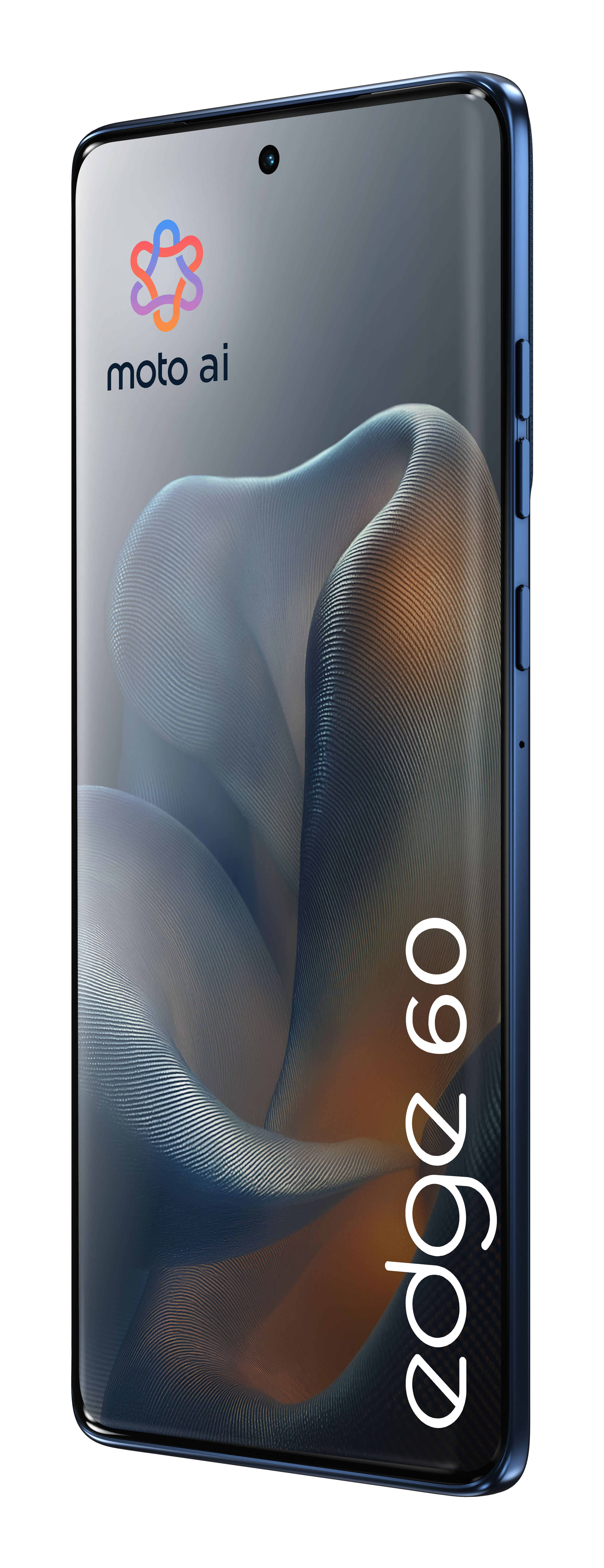Niebieski smartfon z boku, wyświetlający logo 'moto ai' i tekst 'edge 60'.