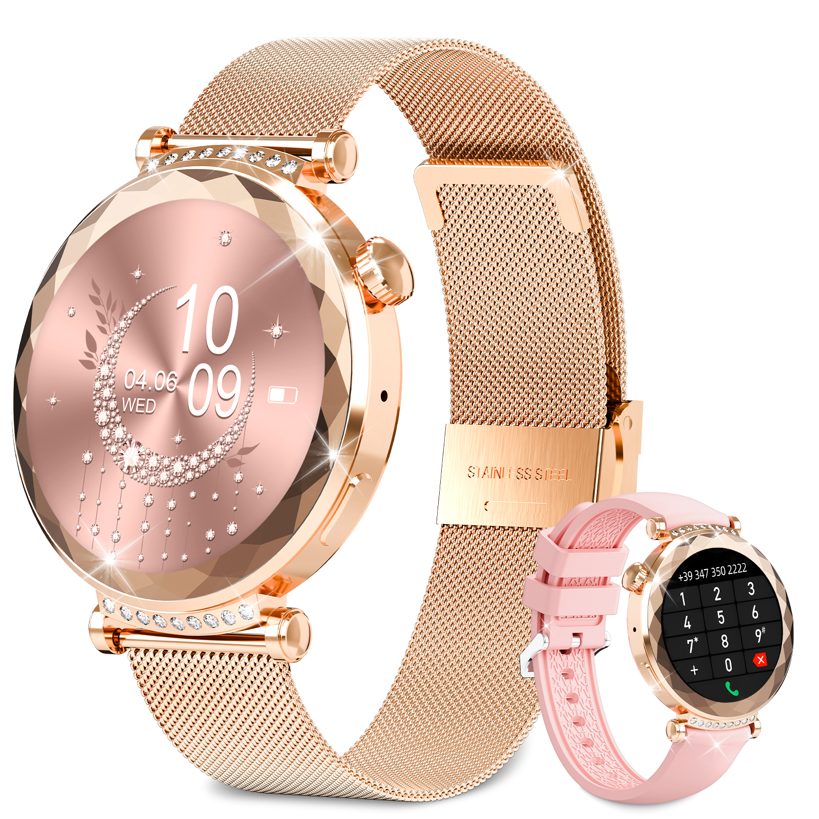 Roségoldene Smartwatch mit passendem Armband und kleinerer rosa Uhr, die einen Anruf zeigt.