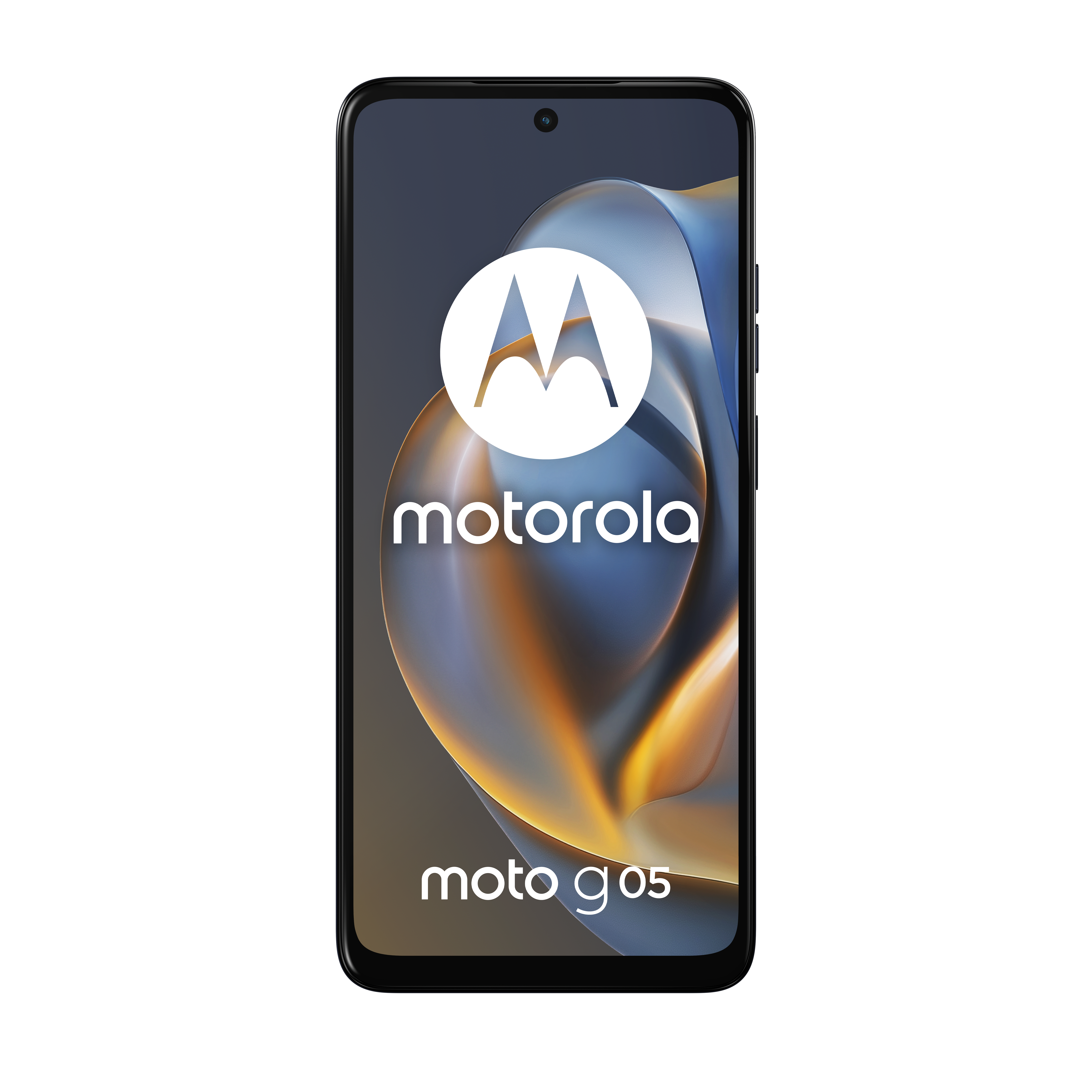 Smartfon Motorola Moto G05, czarna ramka, białe tło.