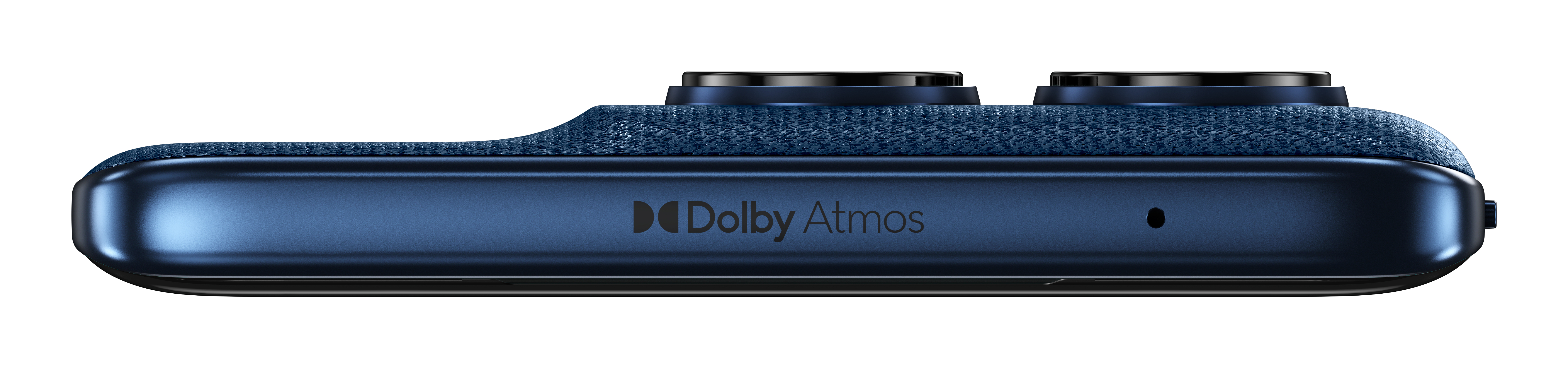 Widok od dołu ciemnoniebieskiego telefonu z Dolby Atmos i dwoma obiektywami aparatu.