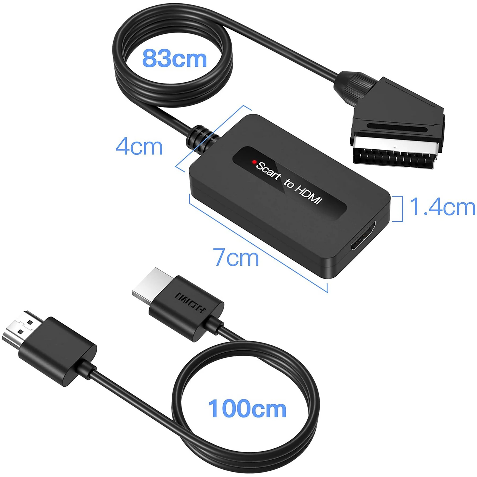 Scart-zu-HDMI-Konverter mit Messungen und Kabeldetails.