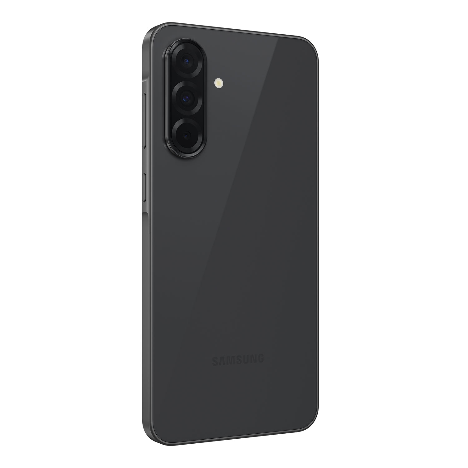 Czarny smartfon z potrójnym aparatem. Logo Samsung na dole.