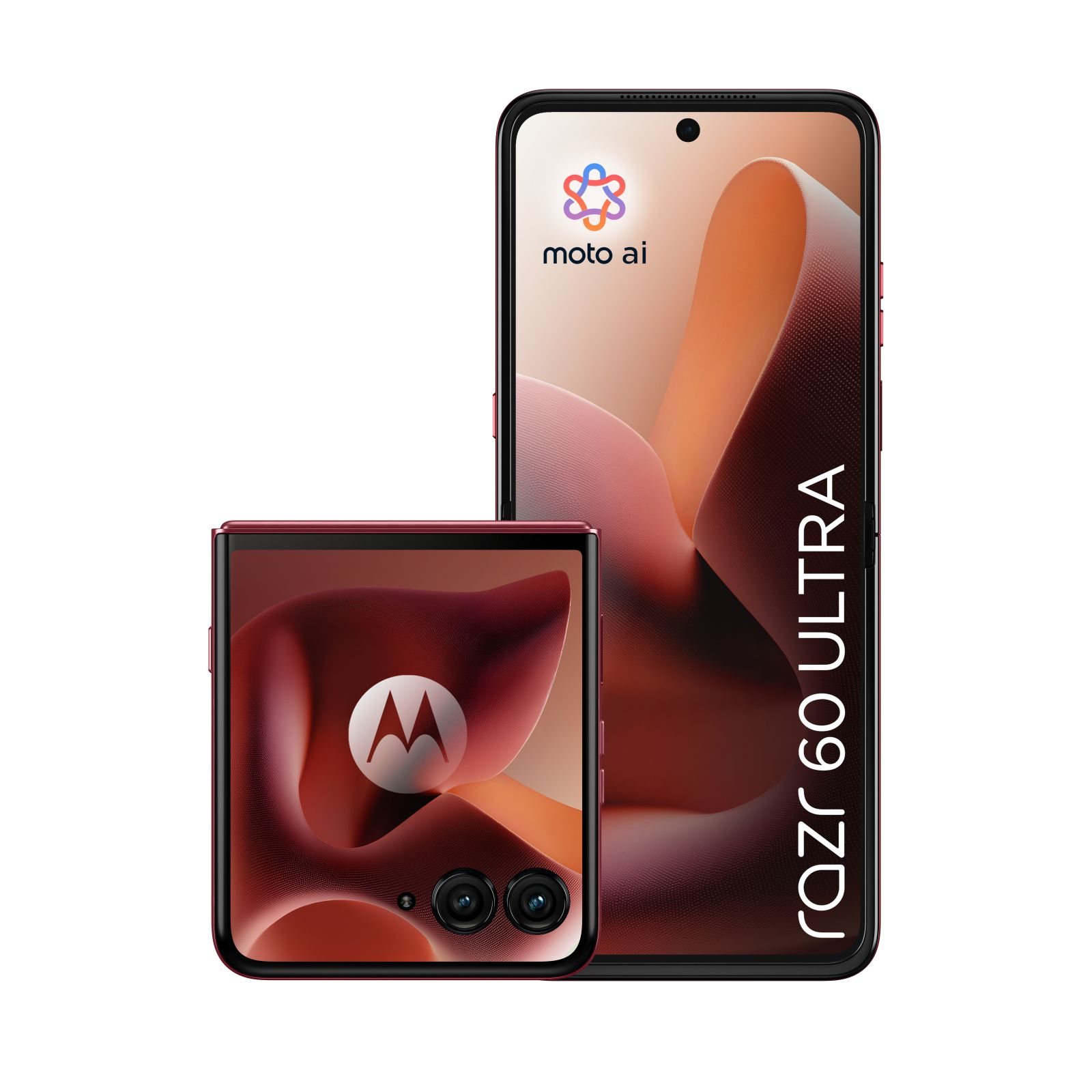 Czerwony Moto Razr 60 Ultra. Pokazano składany telefon i większy telefon.