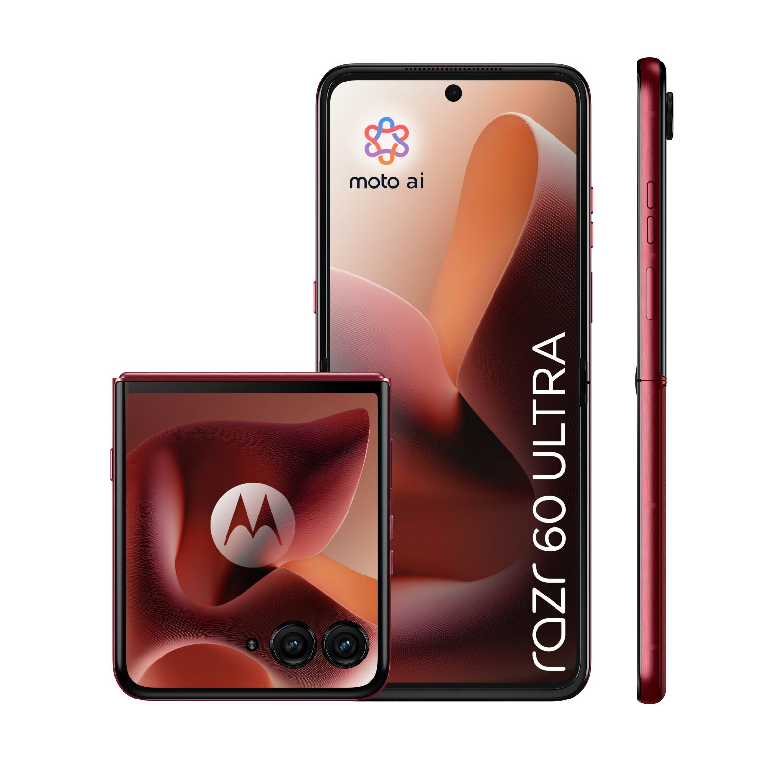 Czerwony Moto Razr 60 Ultra. Pokazano składany telefon i większy telefon.