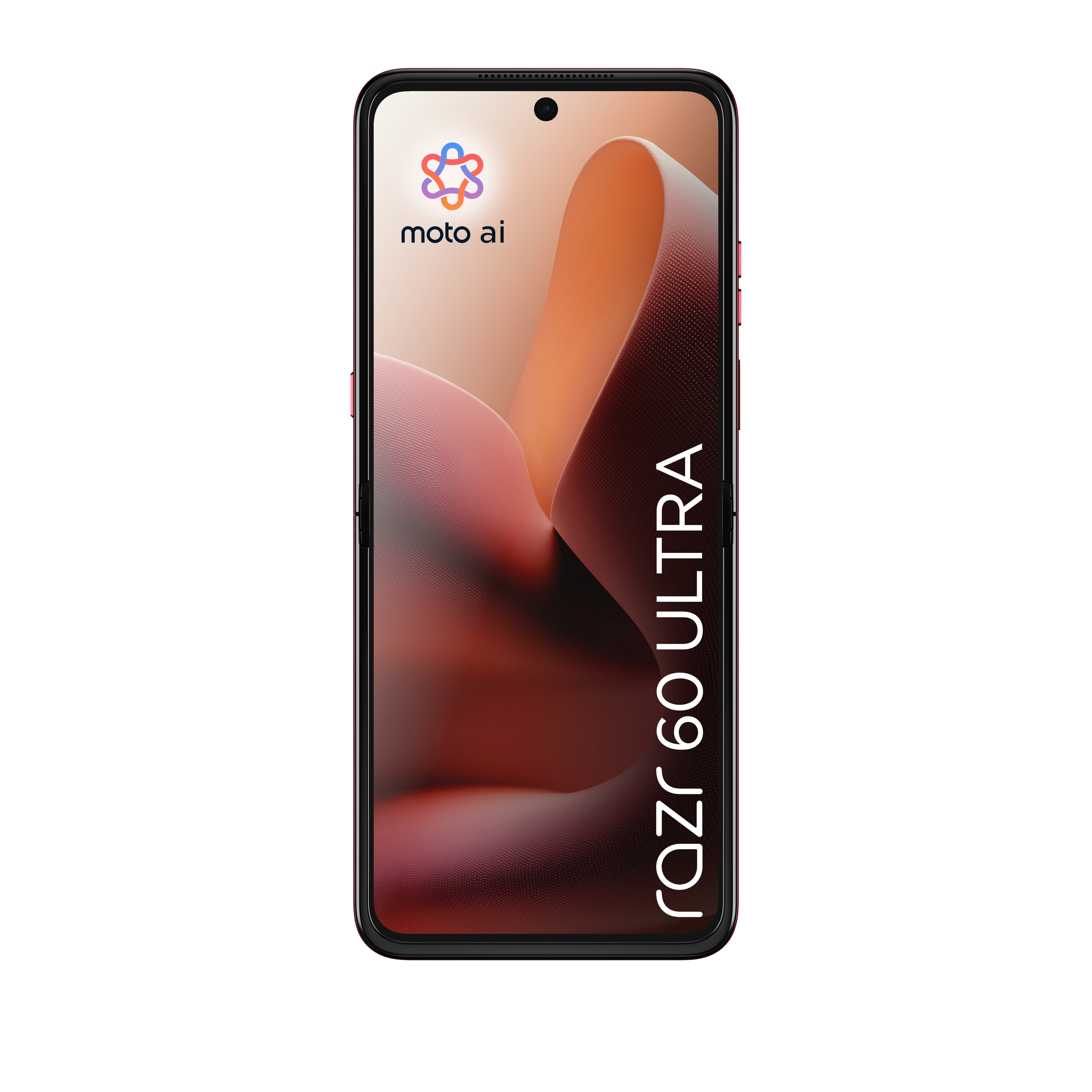 Magentowy smartfon z logo moto ai i tekstem 'razr 60 ultra'. Ekran wyświetla czerwony wzór.