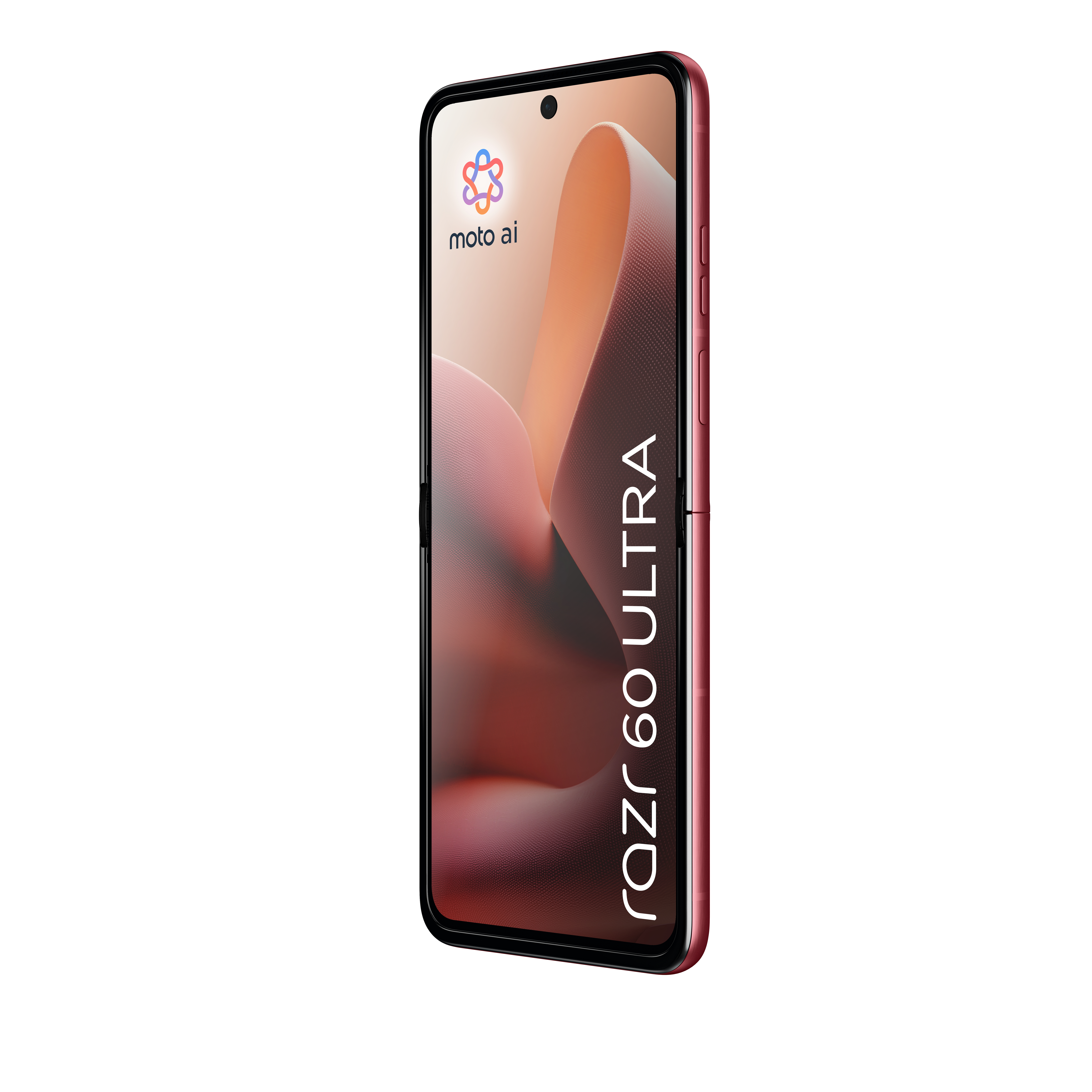 Czerwony telefon Motorola Razr 60 Ultra, częściowo otwarty, wyświetlający jasnoczerwoną i białą abstrakcyjną tapetę.