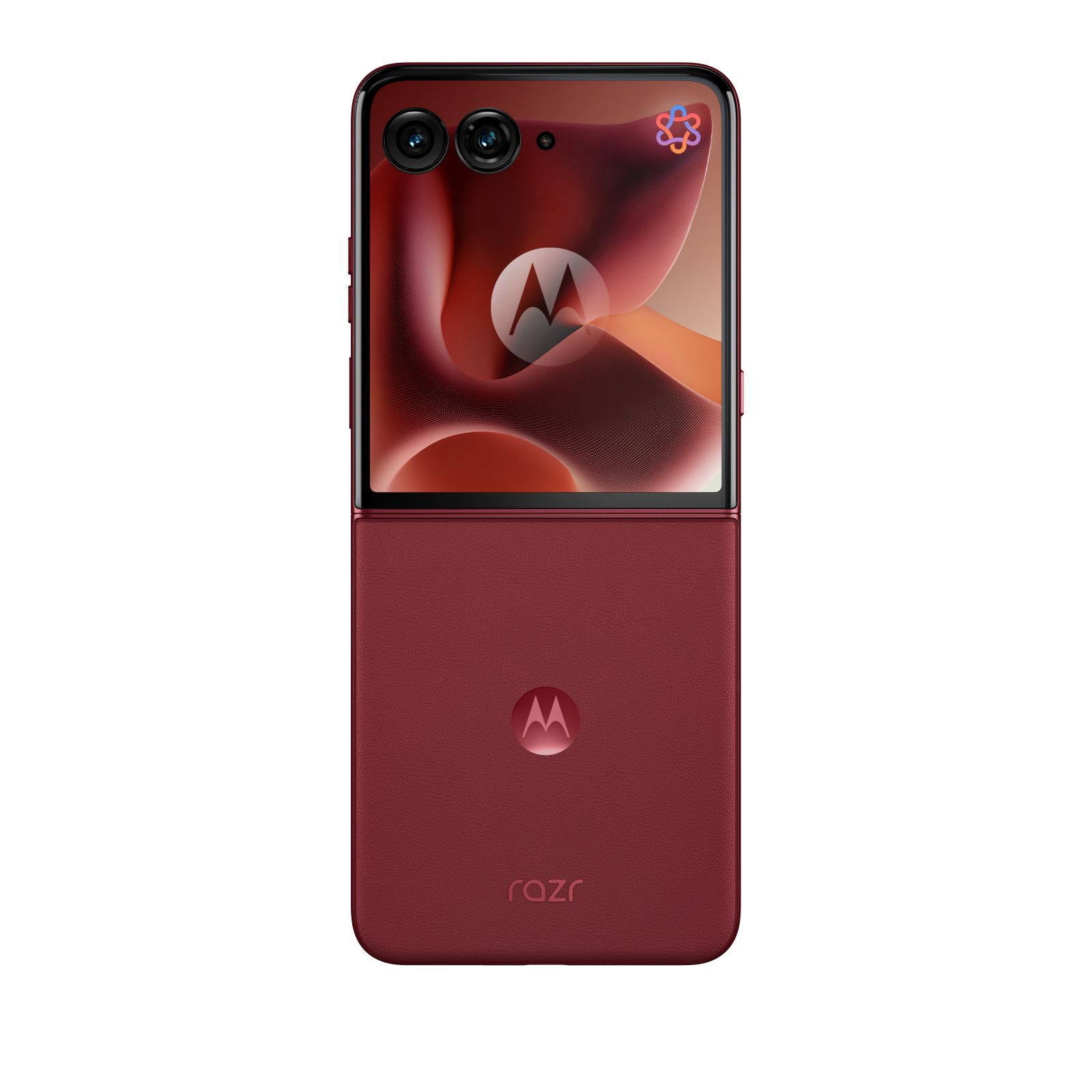 Zamknięty bordowy telefon z klapką z logo Motorola. Ekran pokazuje czerwone tło.