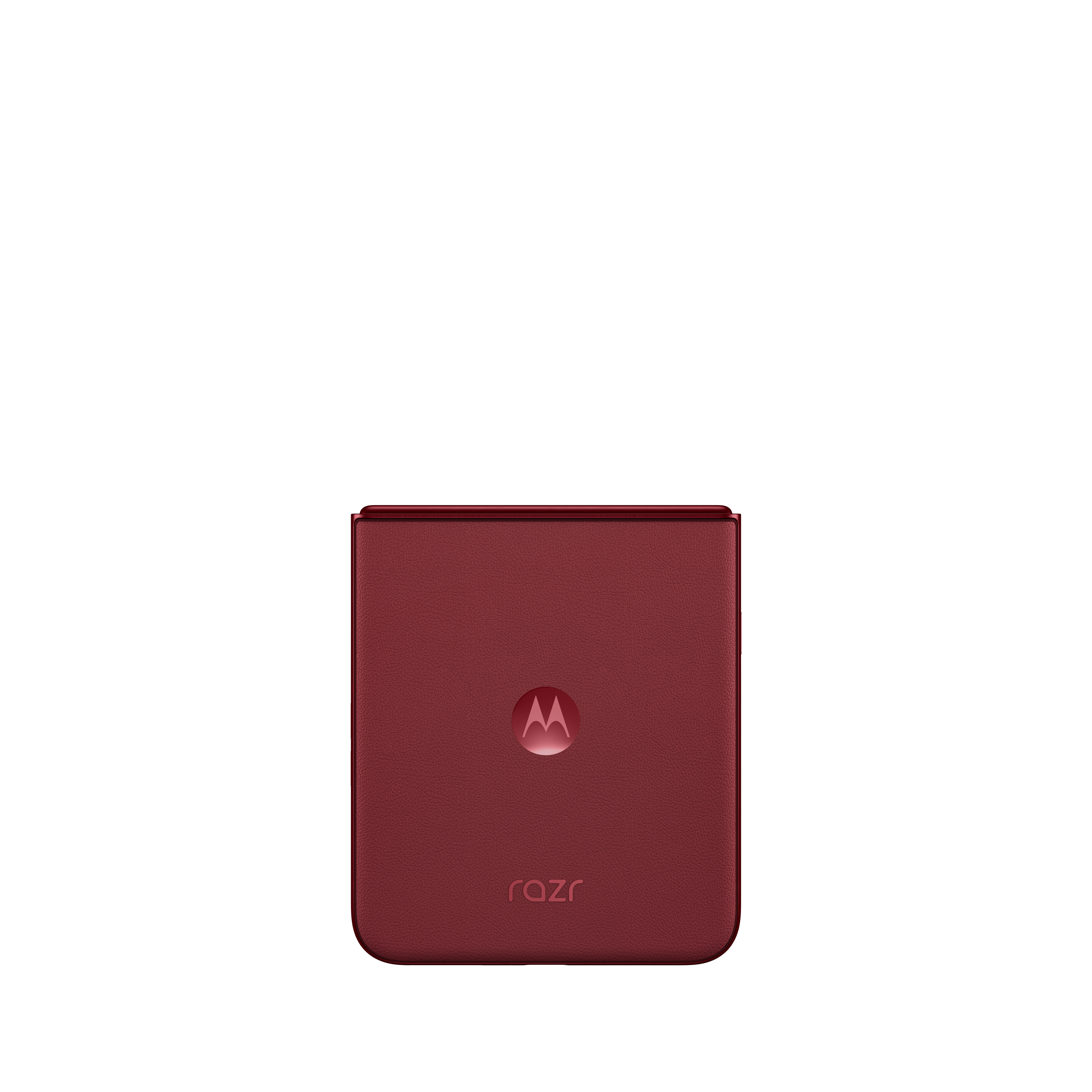 Zamknięty czerwony telefon Motorola Razr z logo Motorola i marką Razr z tyłu.