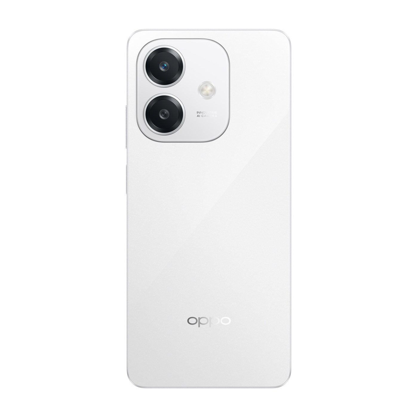 Beyaz bir akıllı telefonun arkası, iki kamera ve altta Oppo logosu.