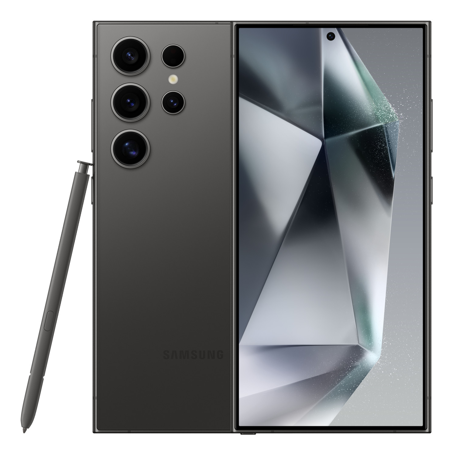 Uno smartphone grigio scuro con tre fotocamere e uno stilo. Il telefono è visualizzato con il retro e il fronte.
